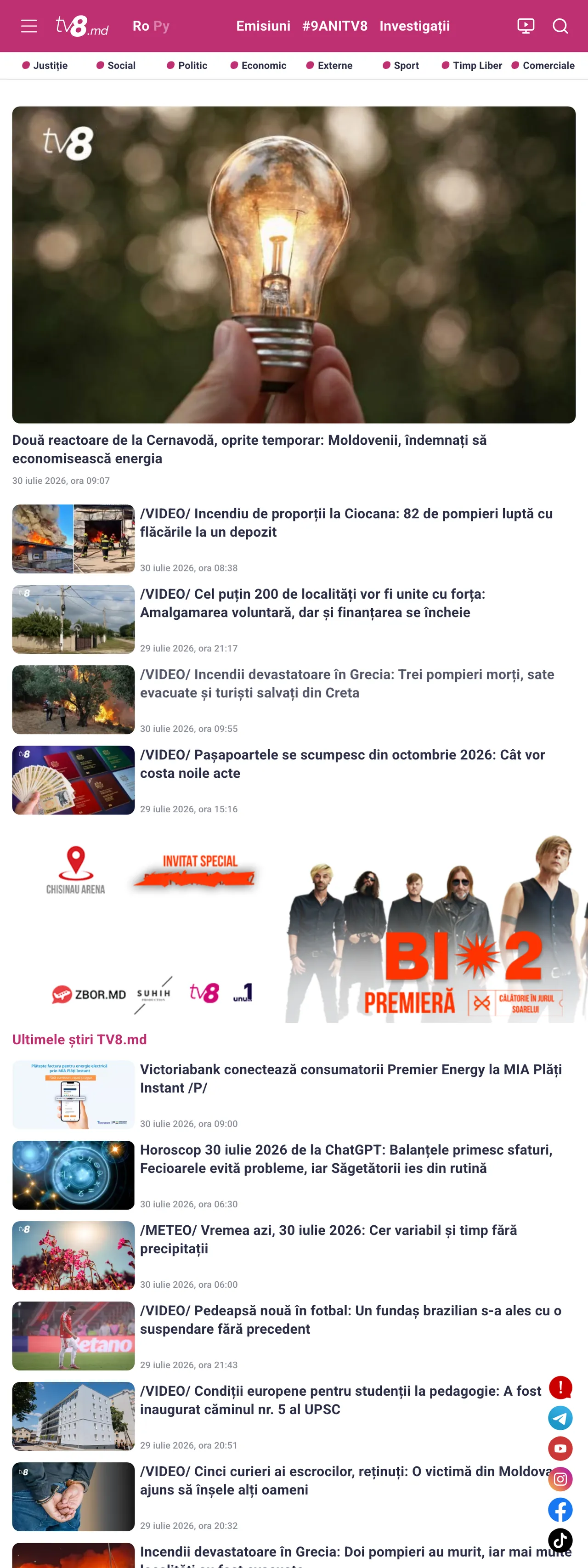Screenshot of the TV8 front page