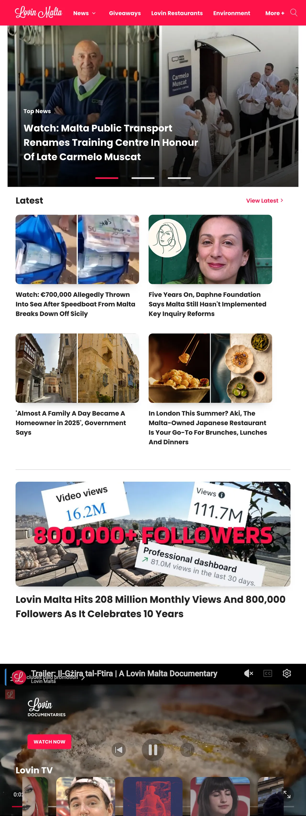 Screenshot of the Lovin Malta front page