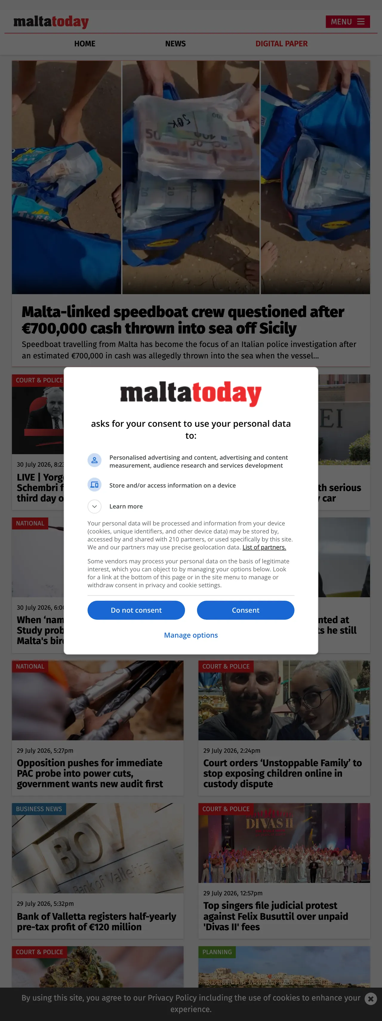Screenshot of the Malta Today front page