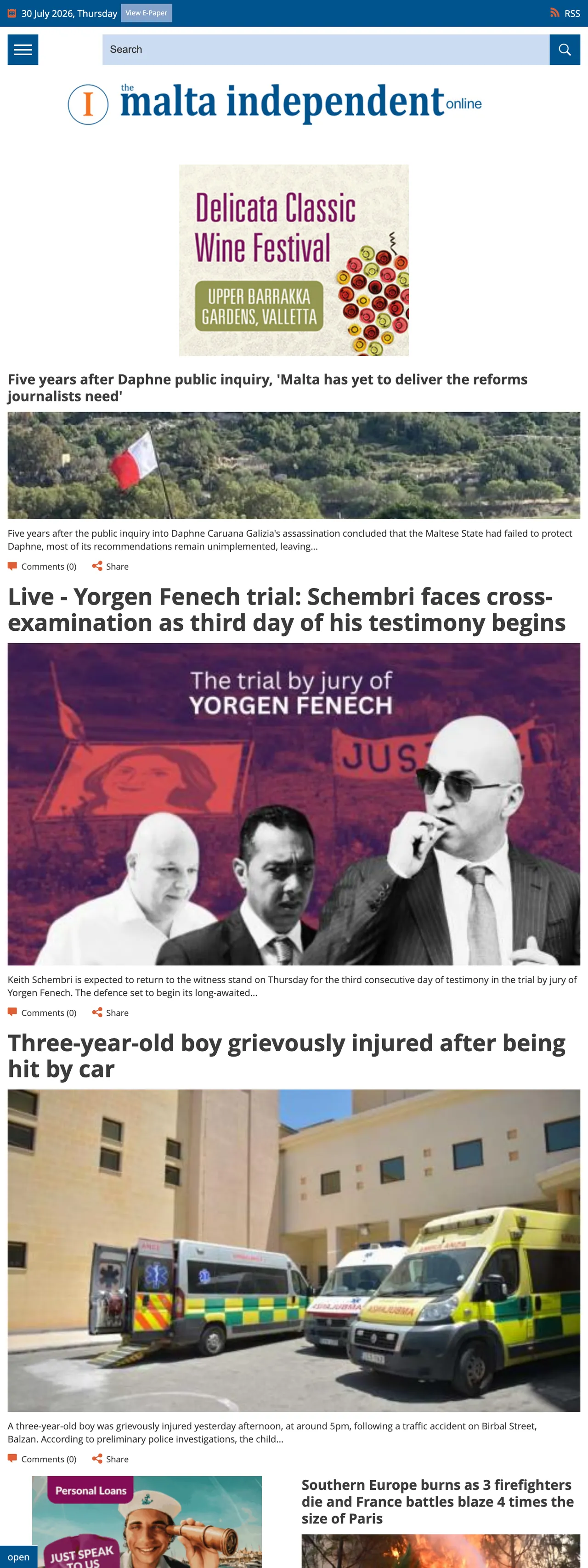 Screenshot of the The Malta Independent front page