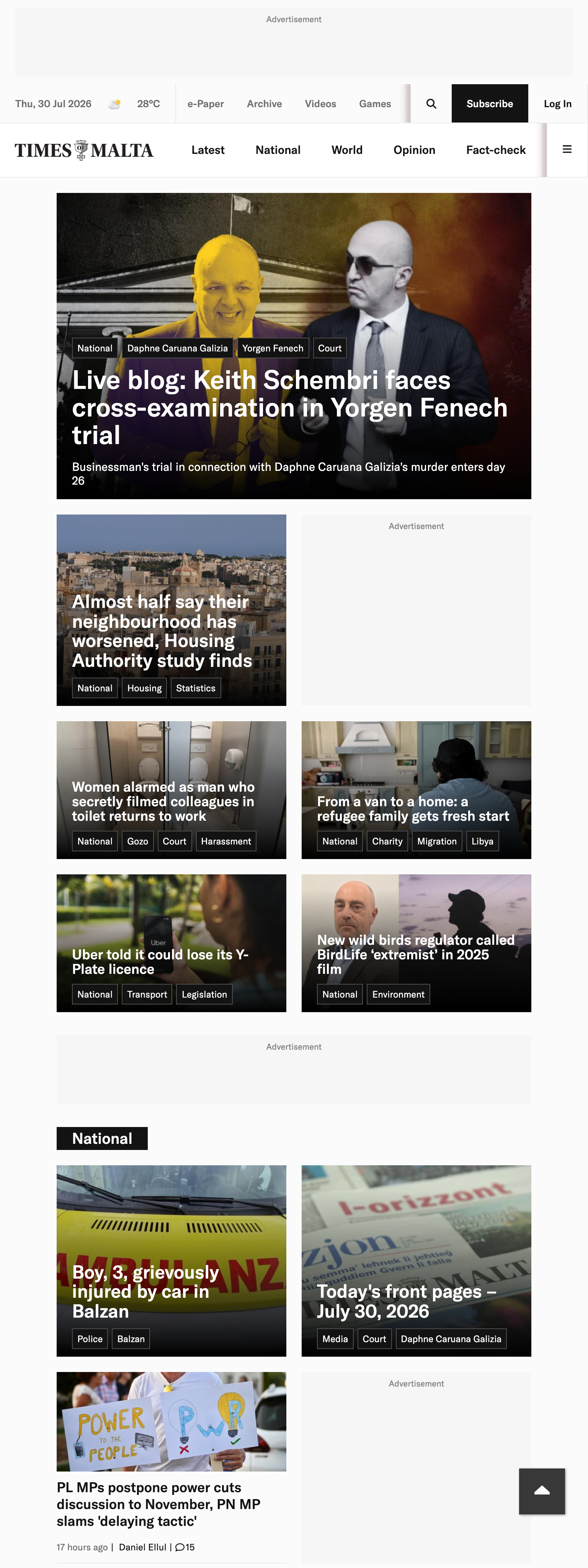 Screenshot of the Times of Malta front page