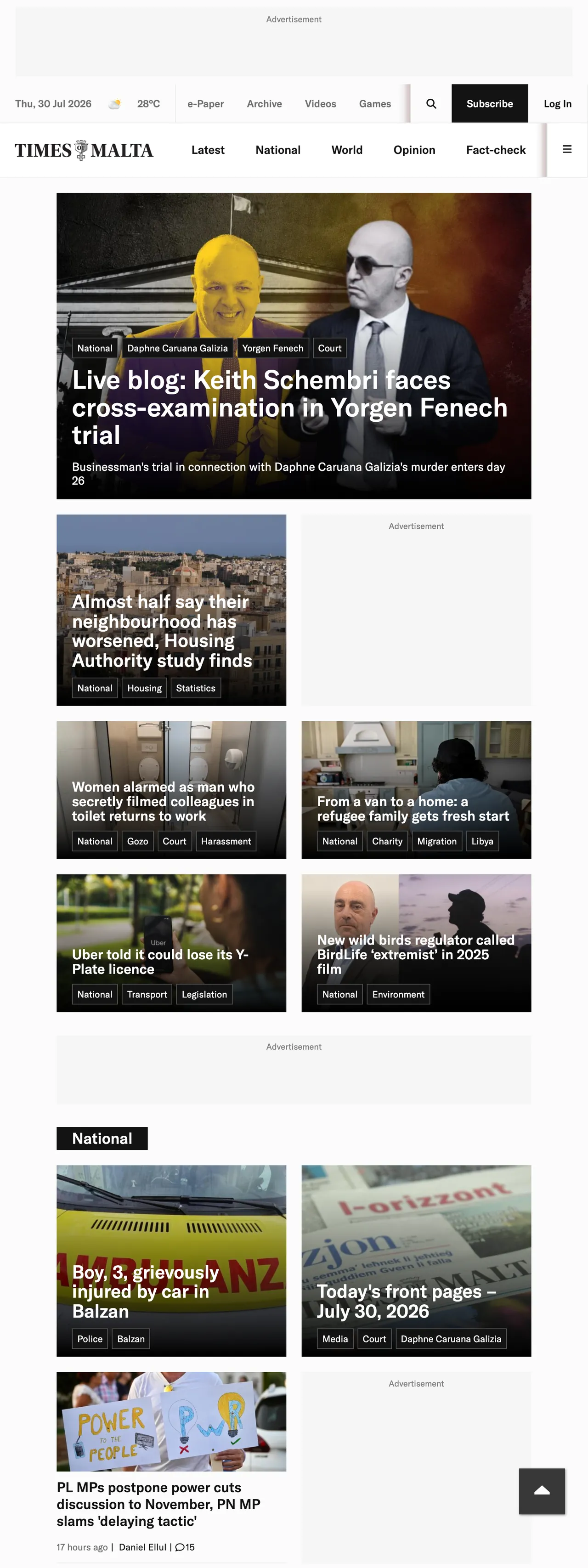Screenshot of the Times of Malta front page