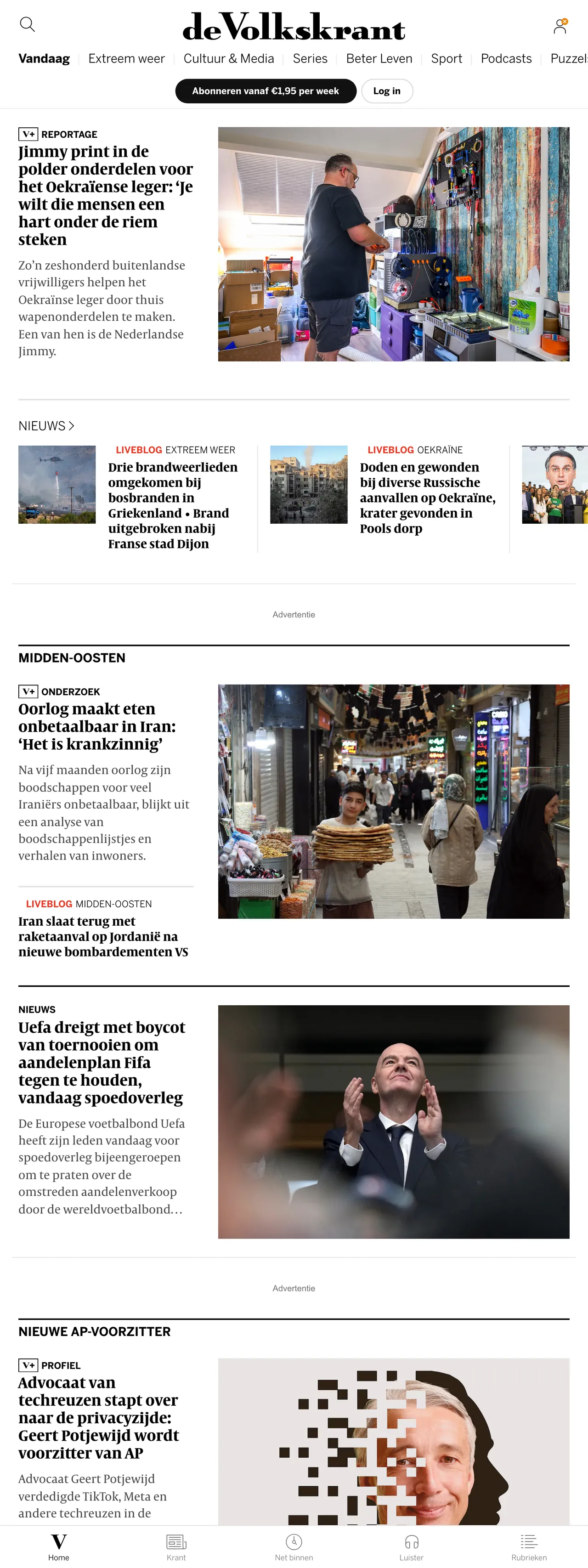 Screenshot of the de Volkskrant front page