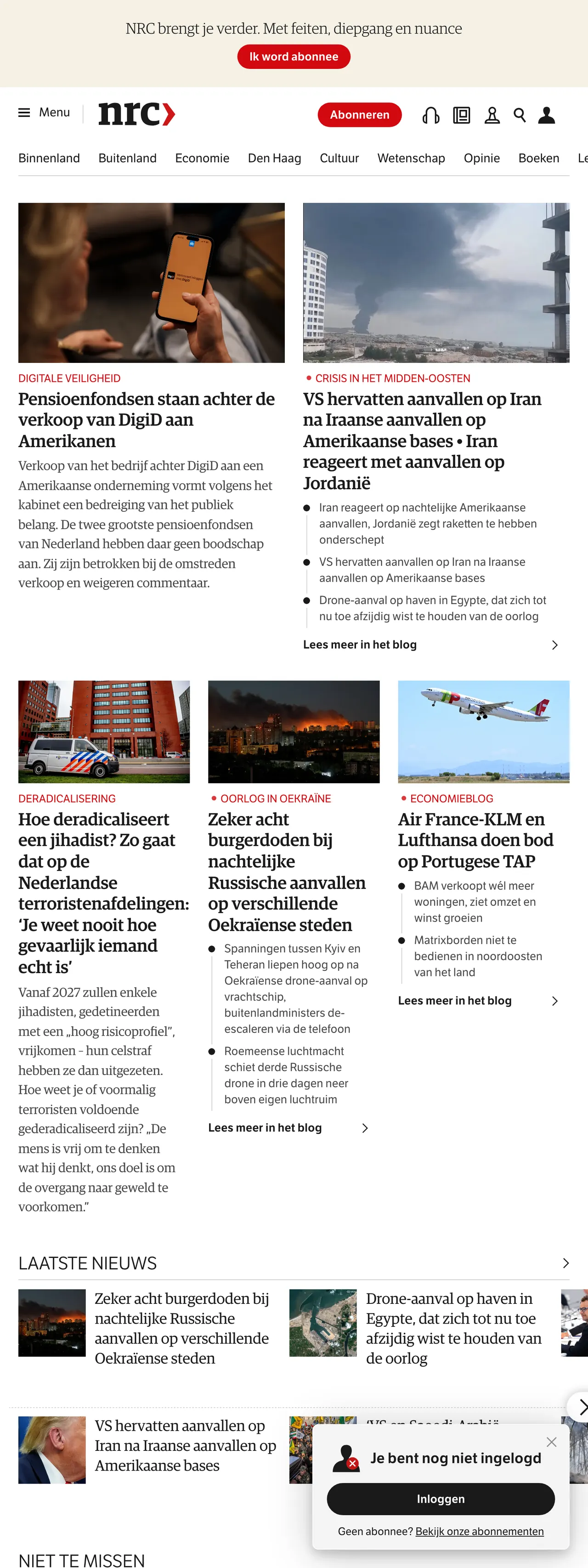 Screenshot of the NRC front page
