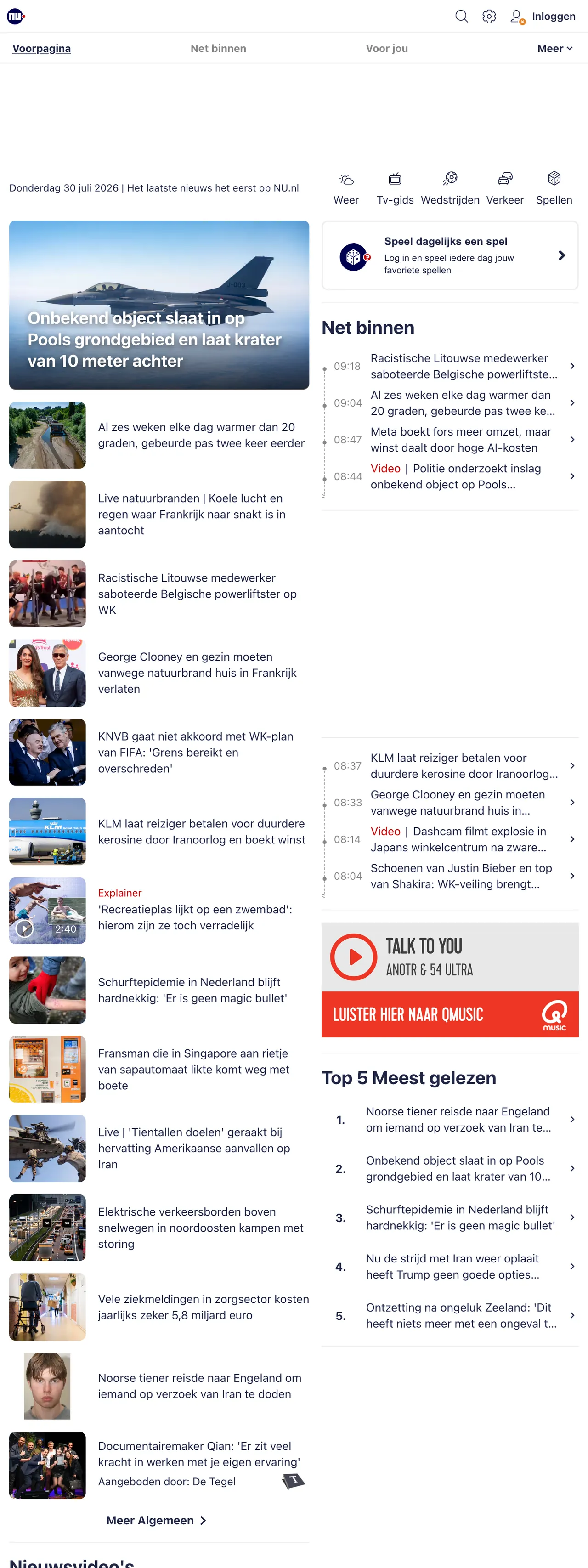 Screenshot of the NU.nl front page