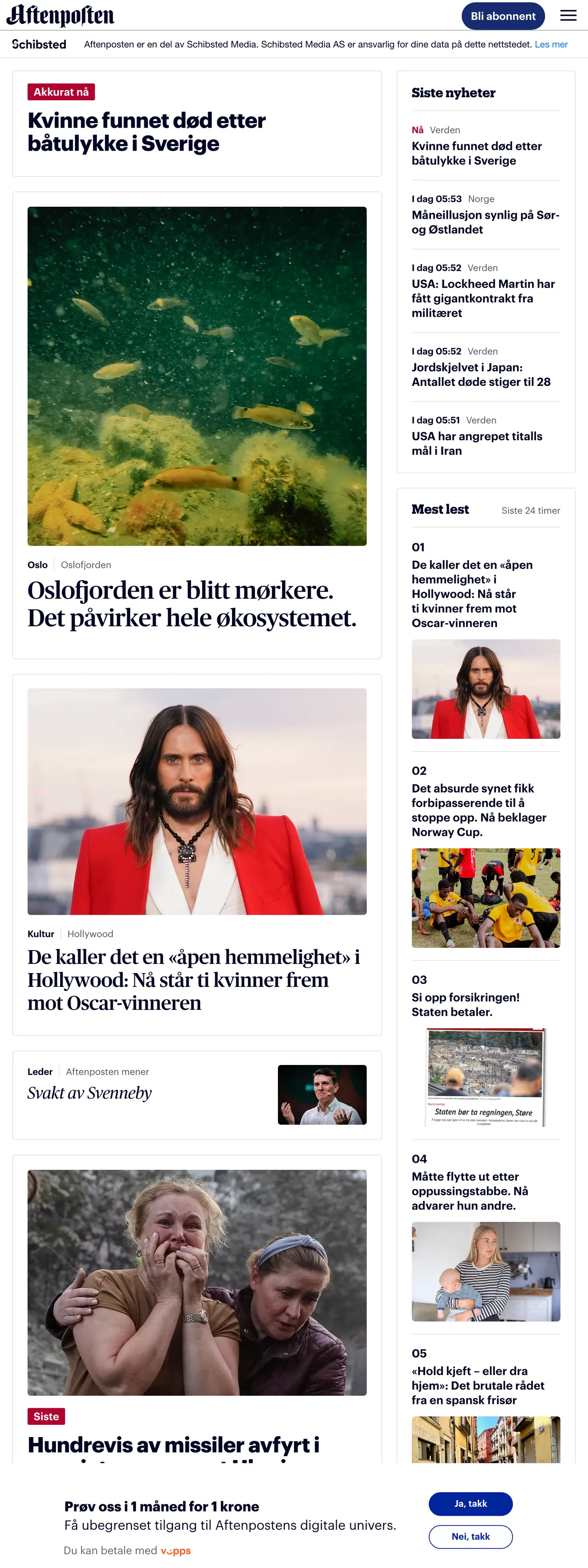 Screenshot of the Aftenposten front page