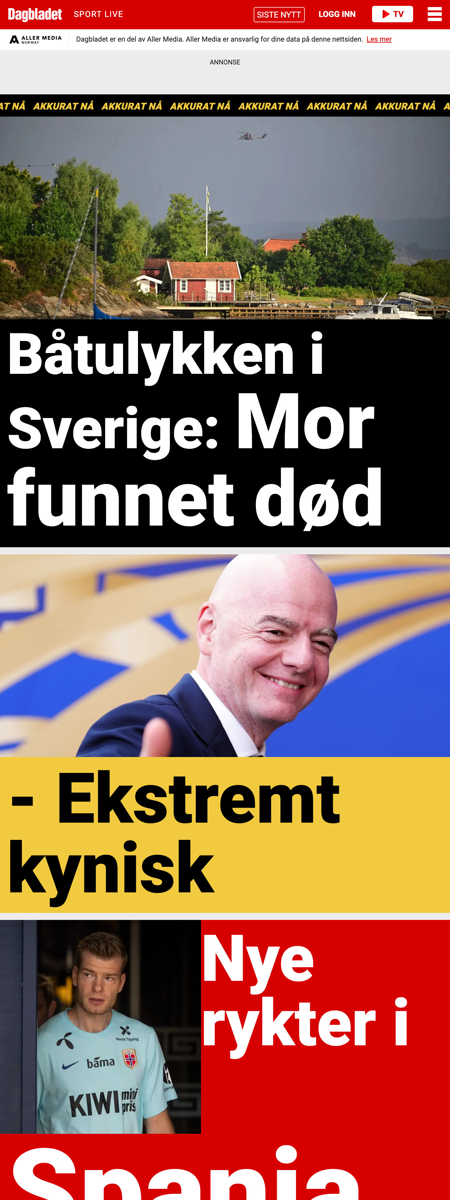 Screenshot of the Dagbladet front page