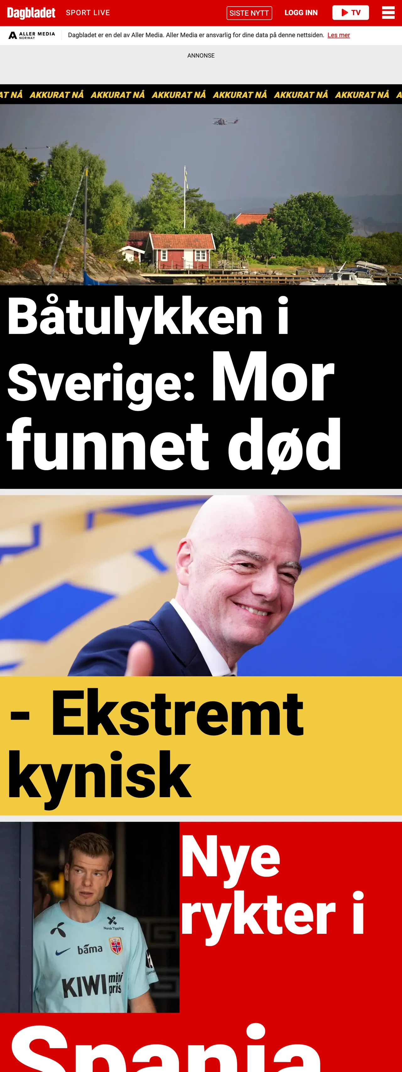 Screenshot of the Dagbladet front page