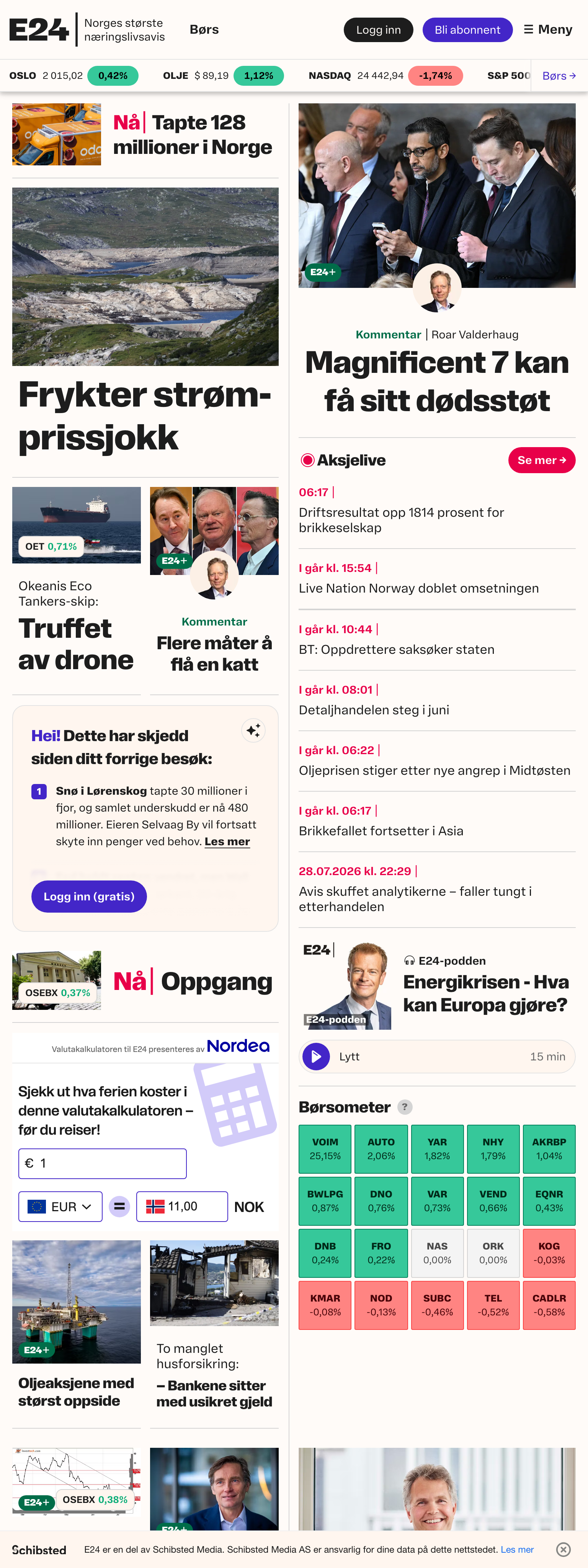 Screenshot of the E24 front page