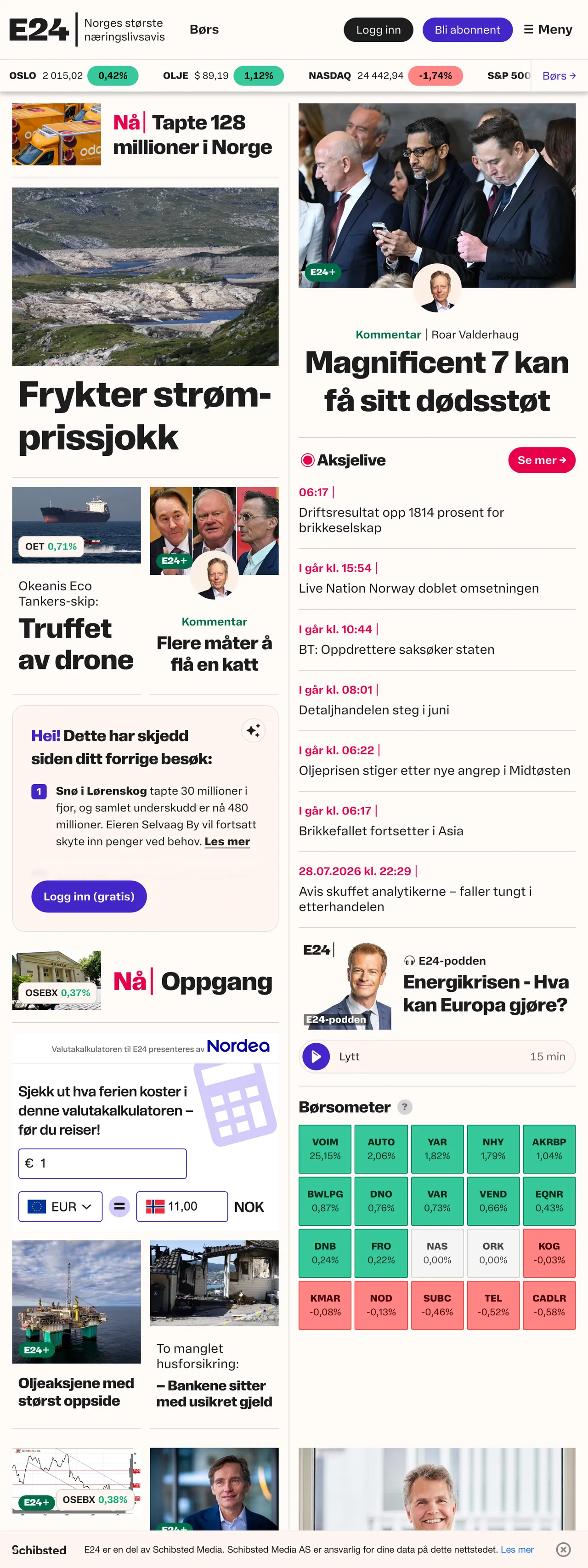 Screenshot of the E24 front page