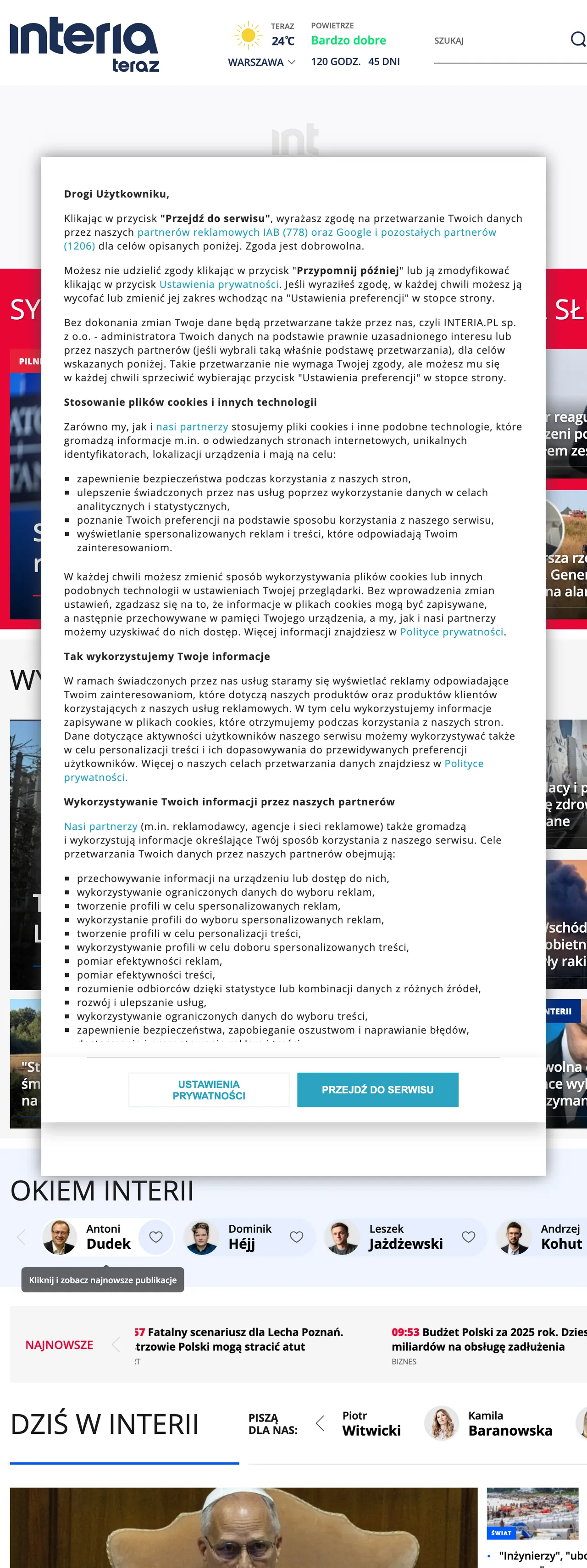 Screenshot of the Interia front page