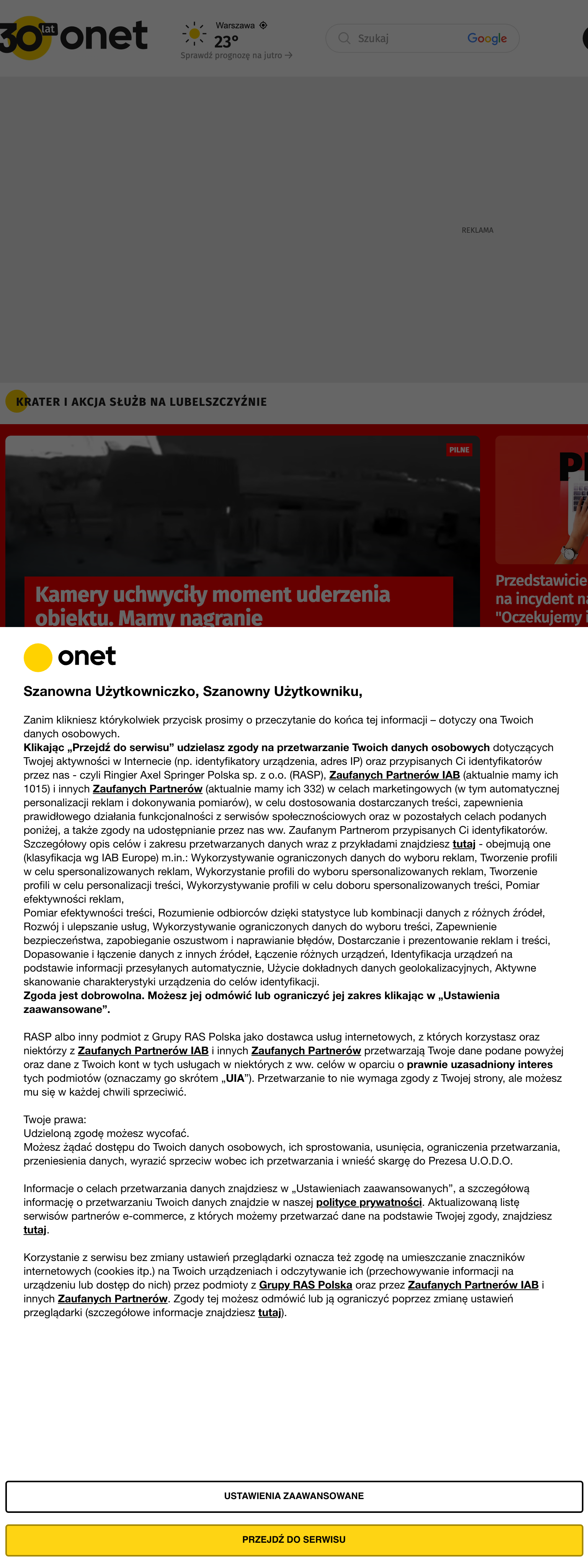 Screenshot of the Onet front page