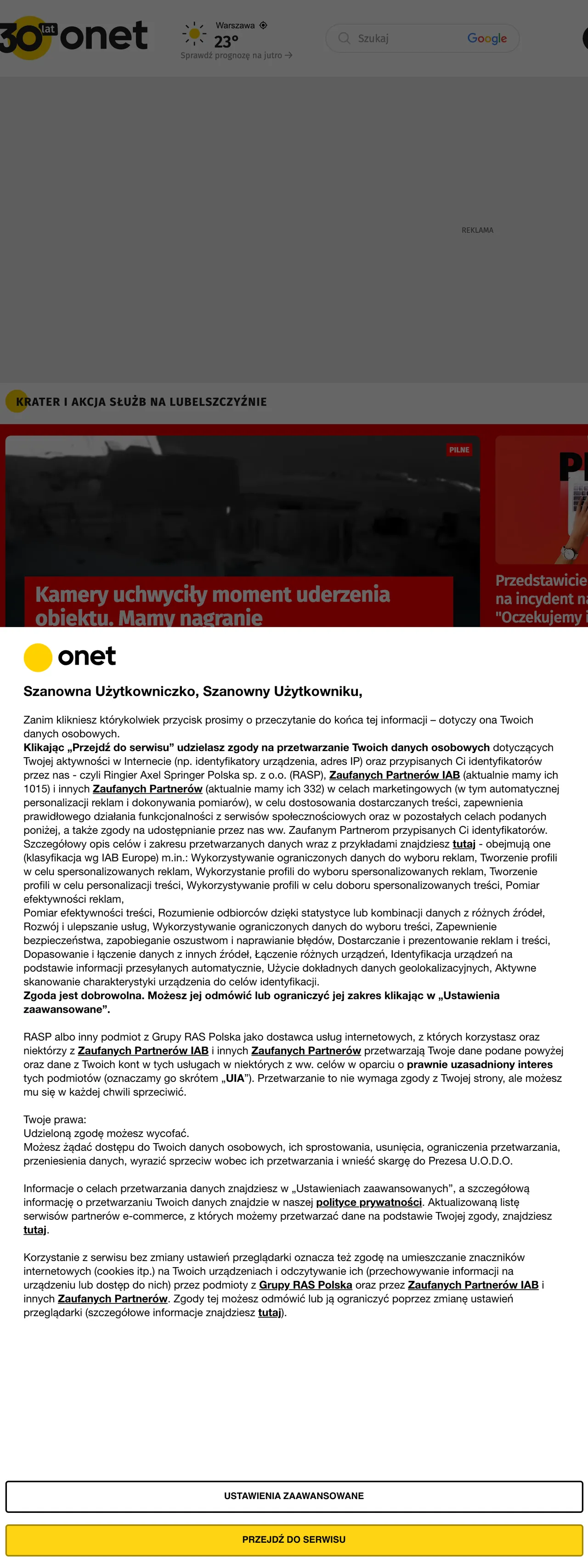 Screenshot of the Onet front page