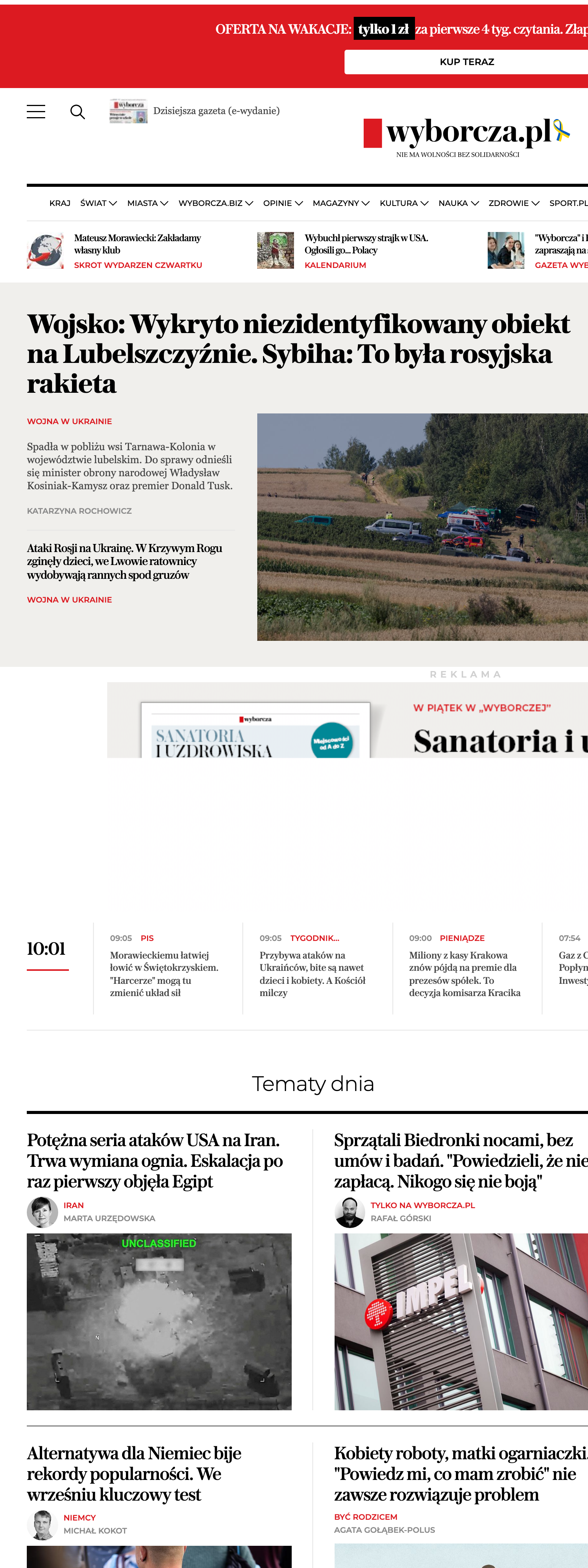 Screenshot of the Wyborcza front page