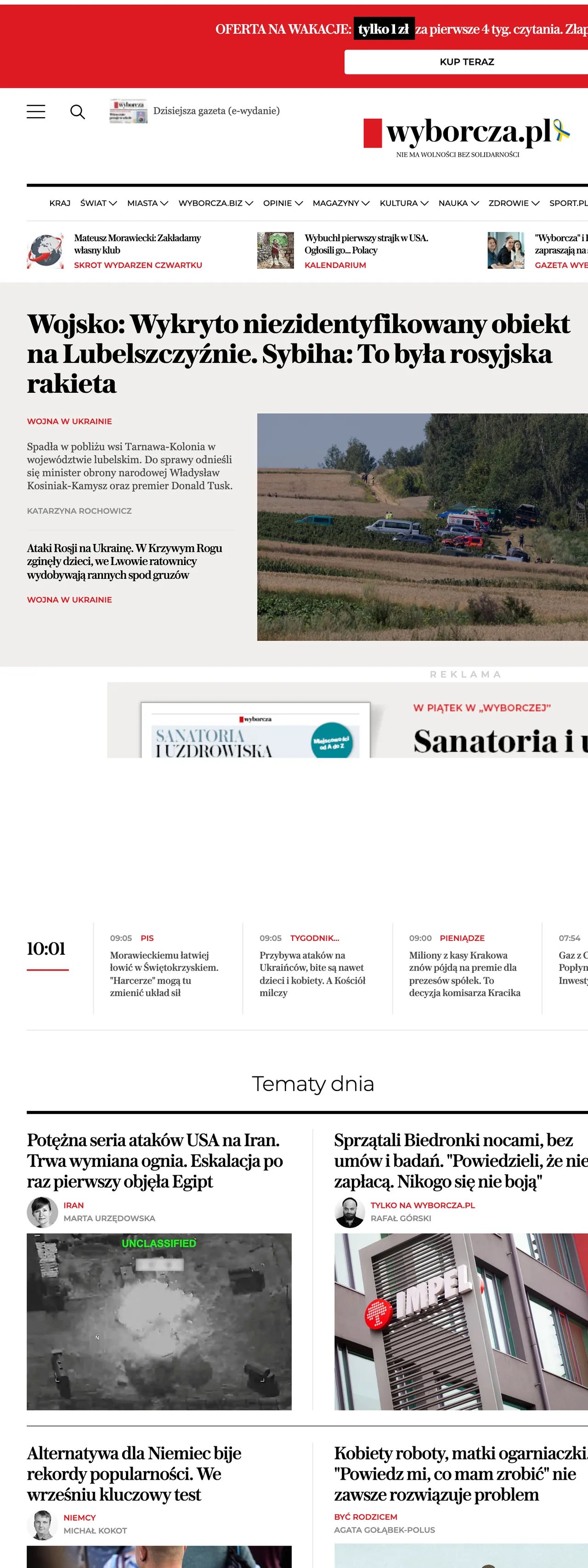 Screenshot of the Wyborcza front page