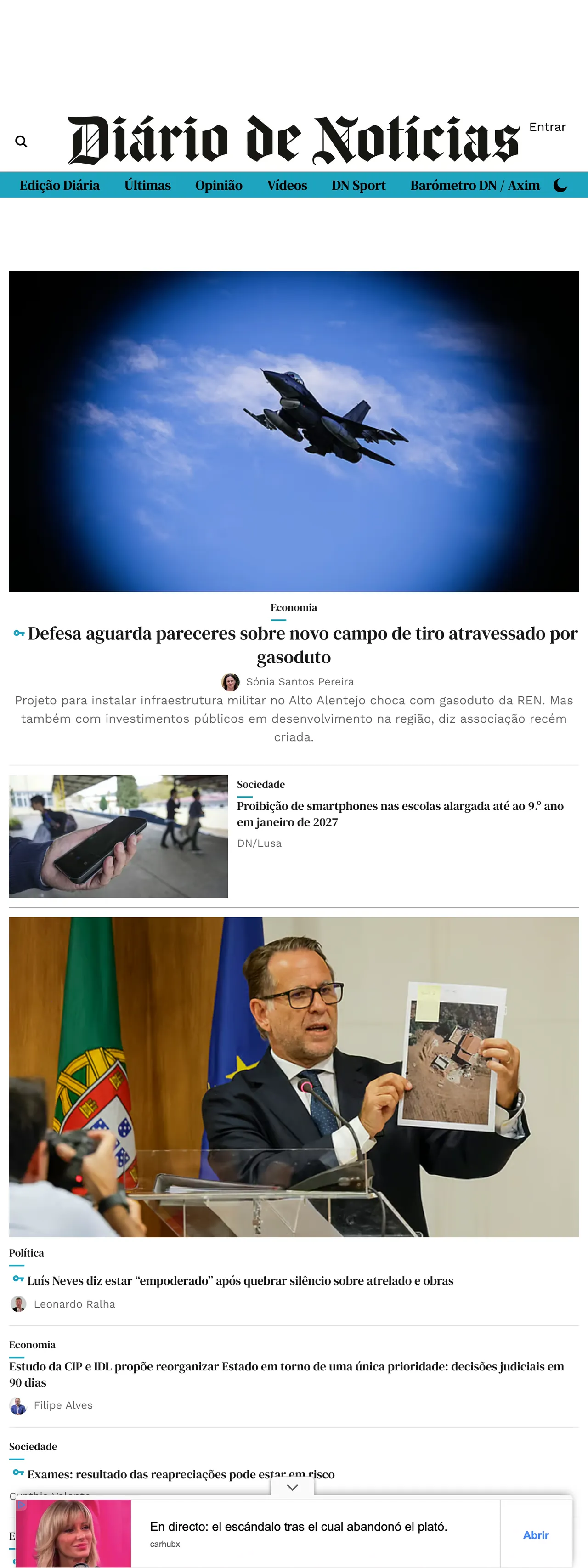 Screenshot of the Diário de Notícias front page