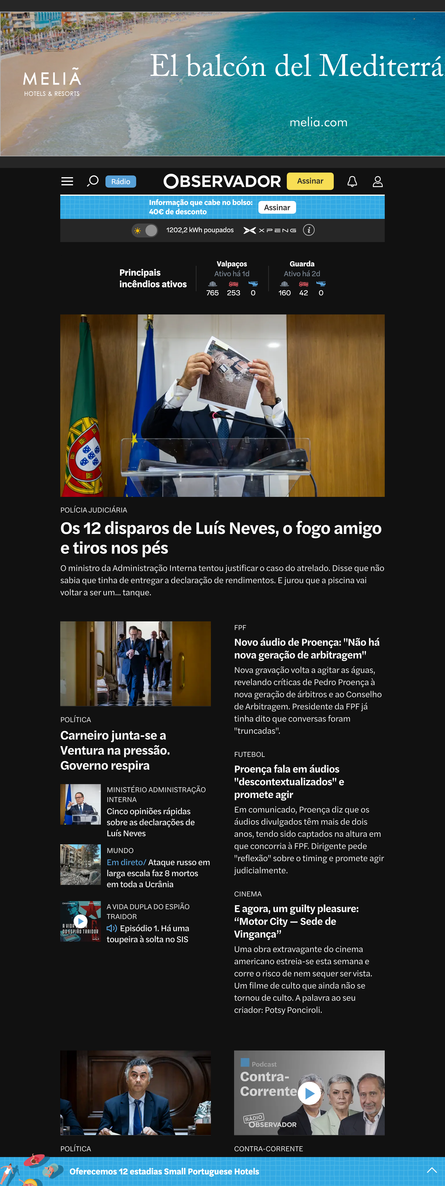 Screenshot of the Observador front page