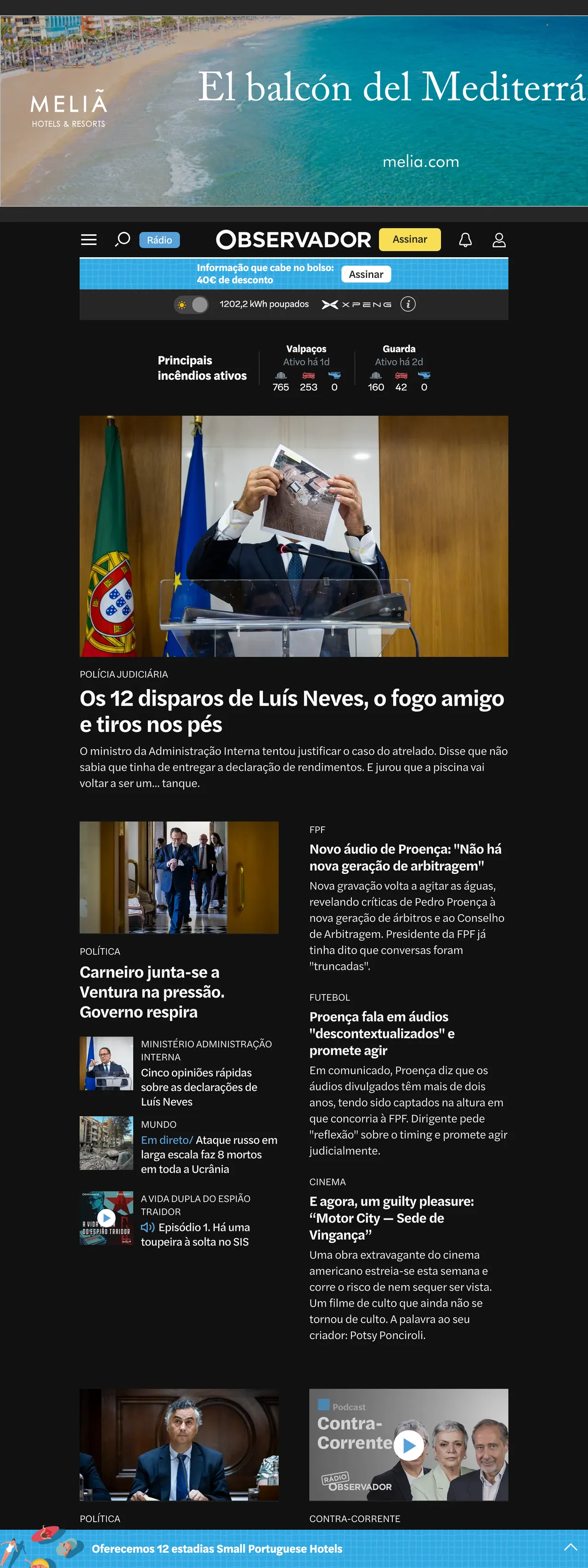 Screenshot of the Observador front page