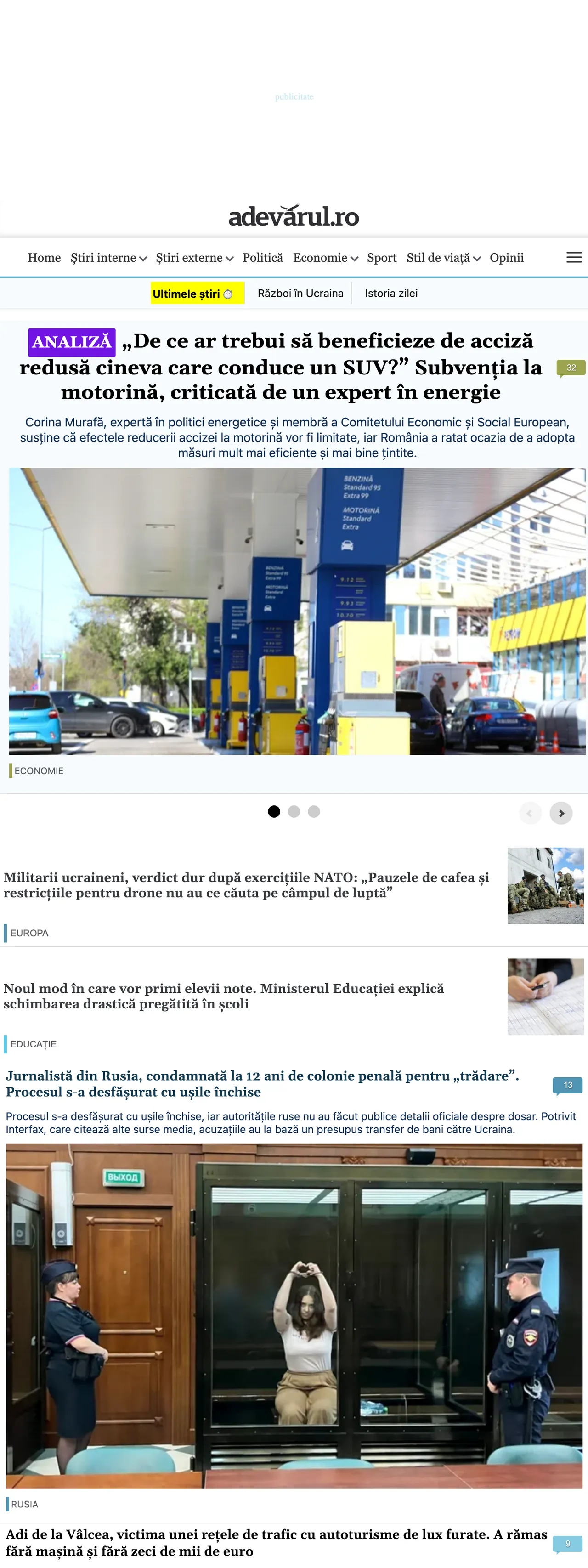 Screenshot of the Adevărul front page