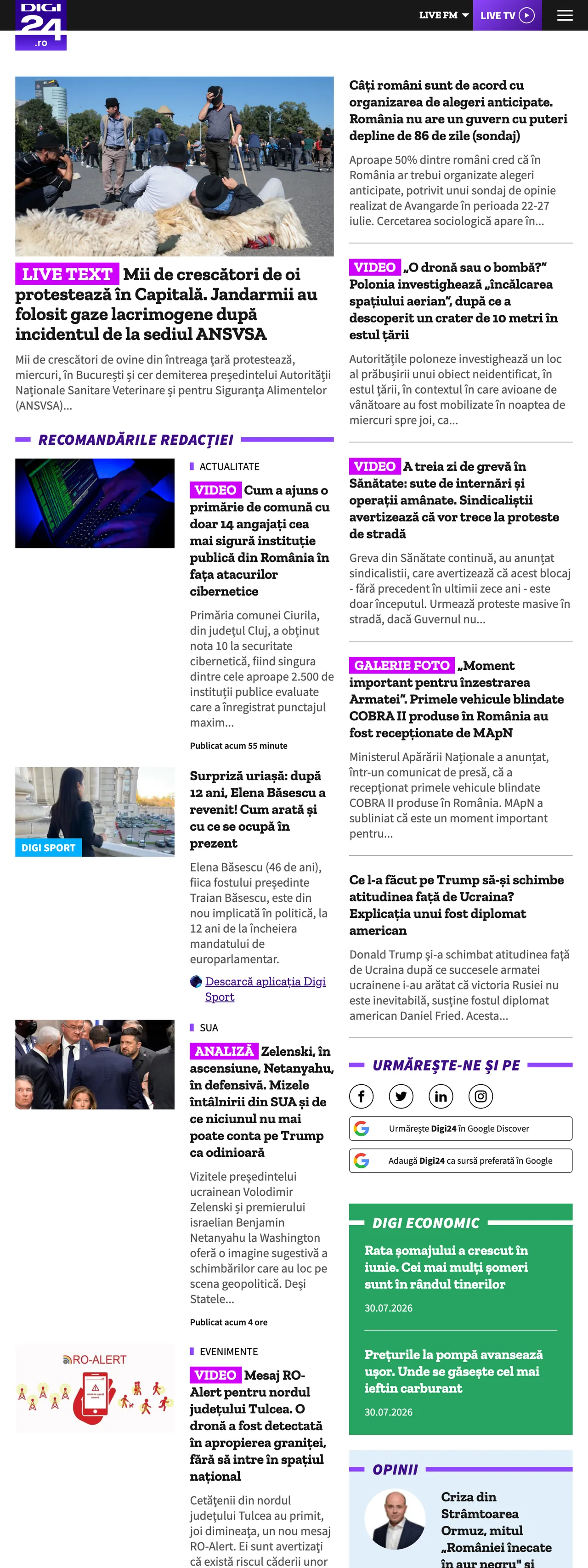 Screenshot of the Digi24 front page