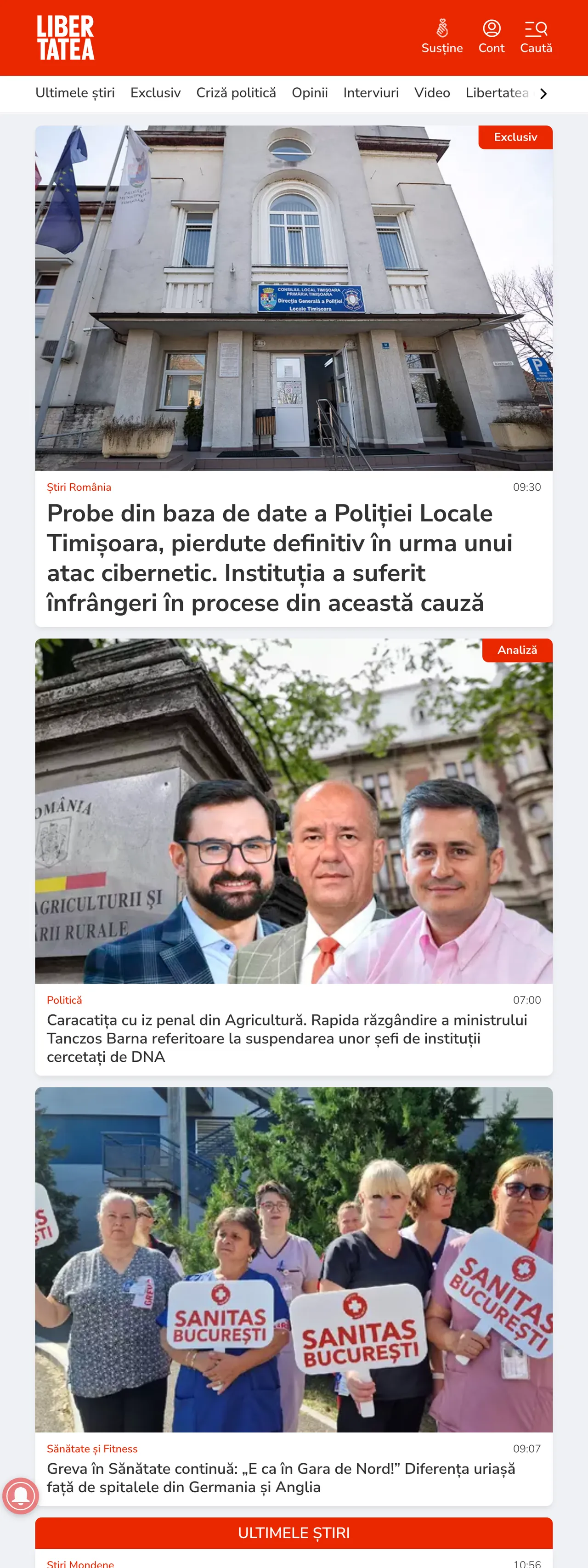 Screenshot of the Libertatea front page