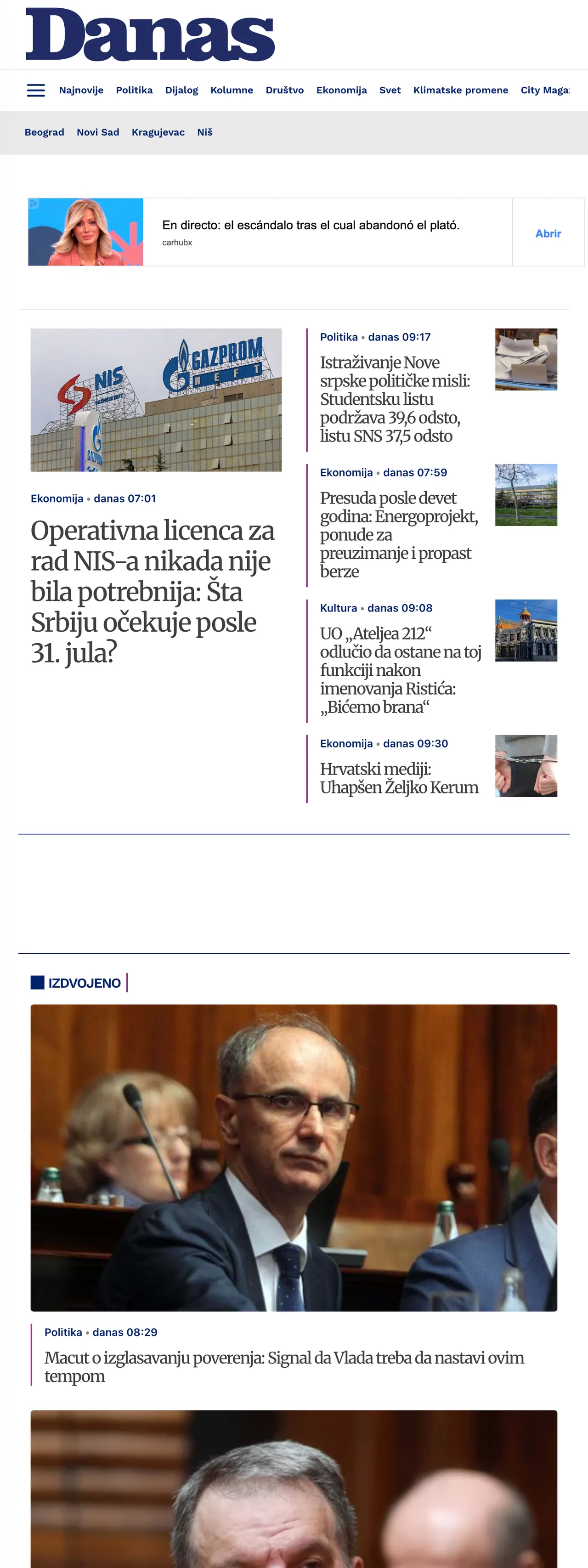 Screenshot of the Danas front page