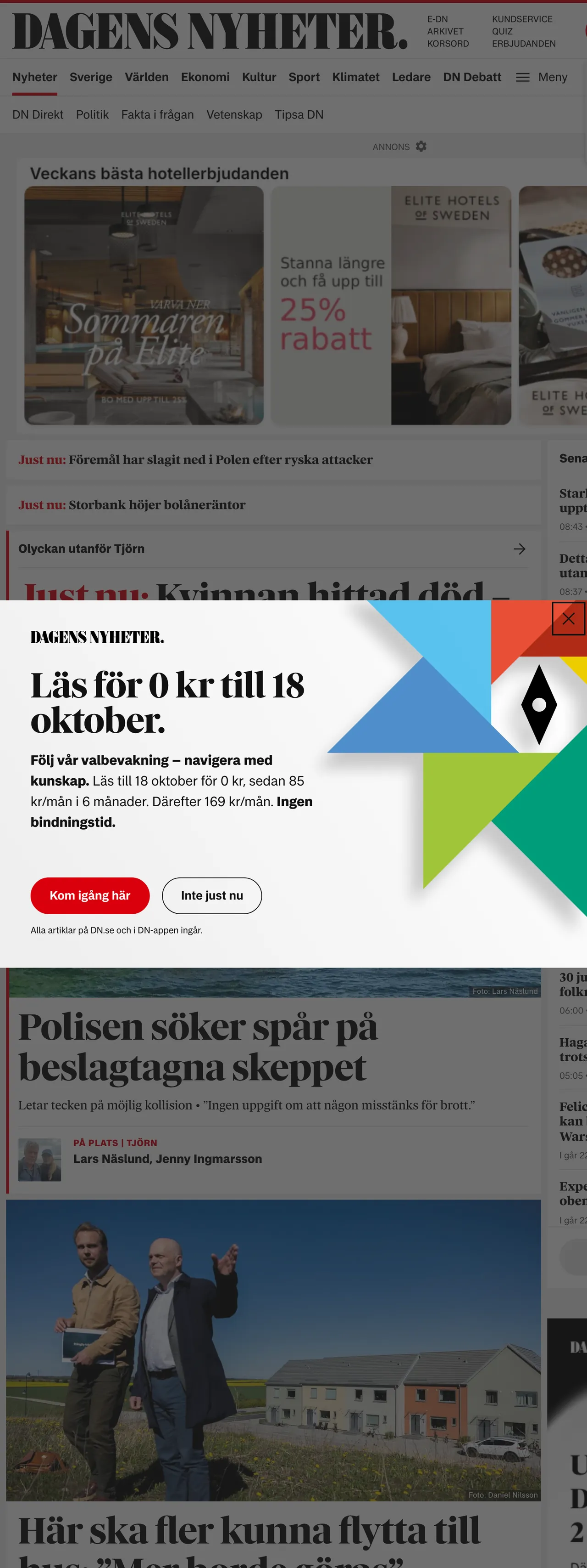 Screenshot of the Dagens Nyheter front page