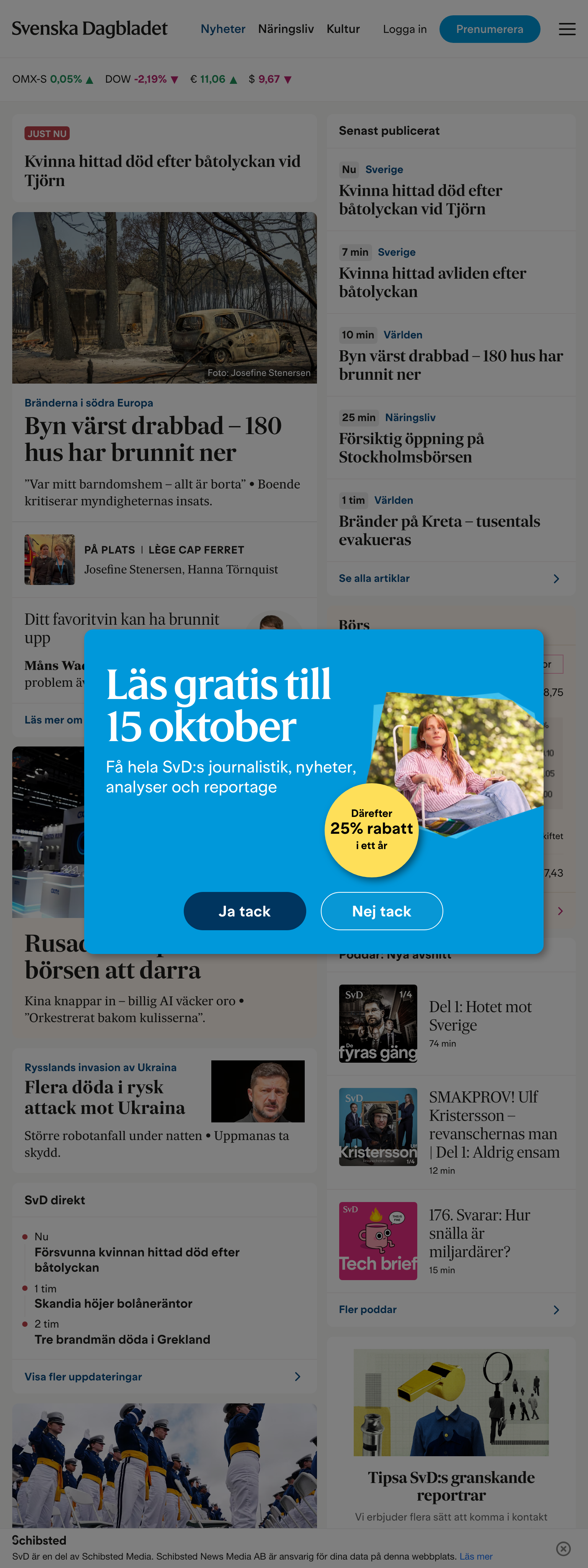 Screenshot of the Svenska Dagbladet front page