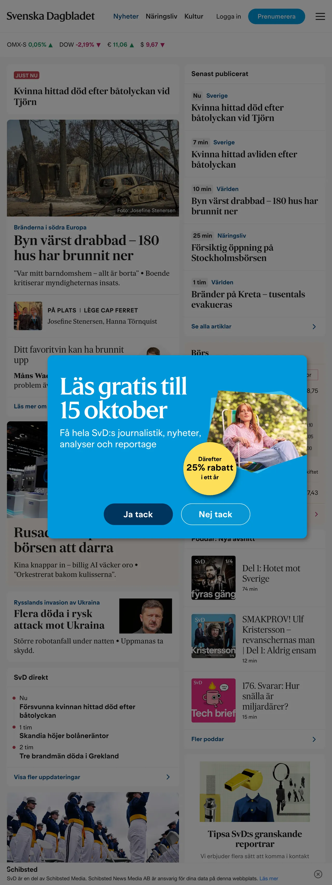 Screenshot of the Svenska Dagbladet front page