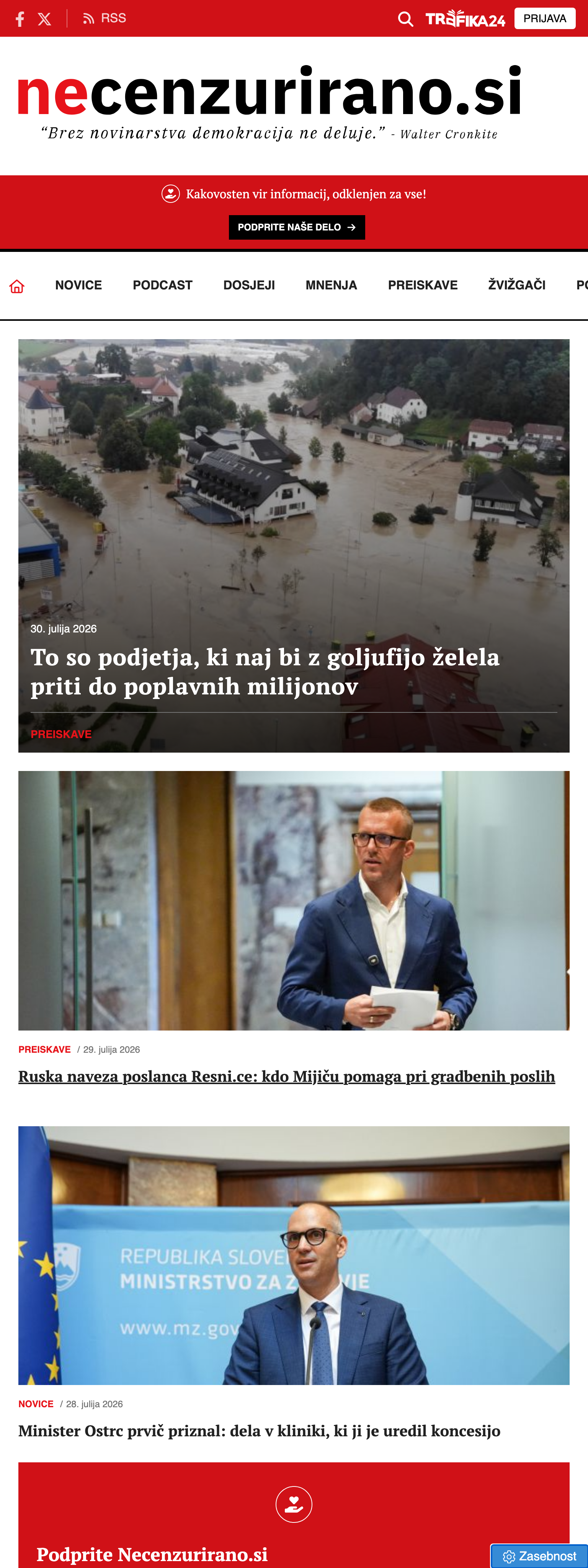 Screenshot of the Necenzurirano front page