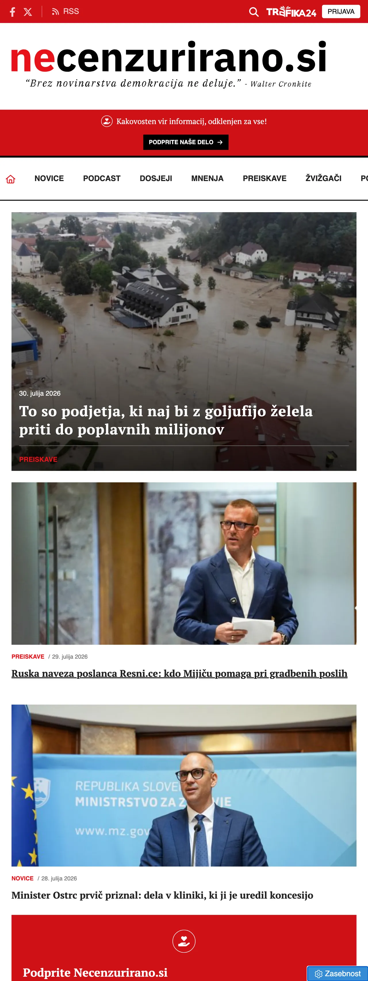 Screenshot of the Necenzurirano front page