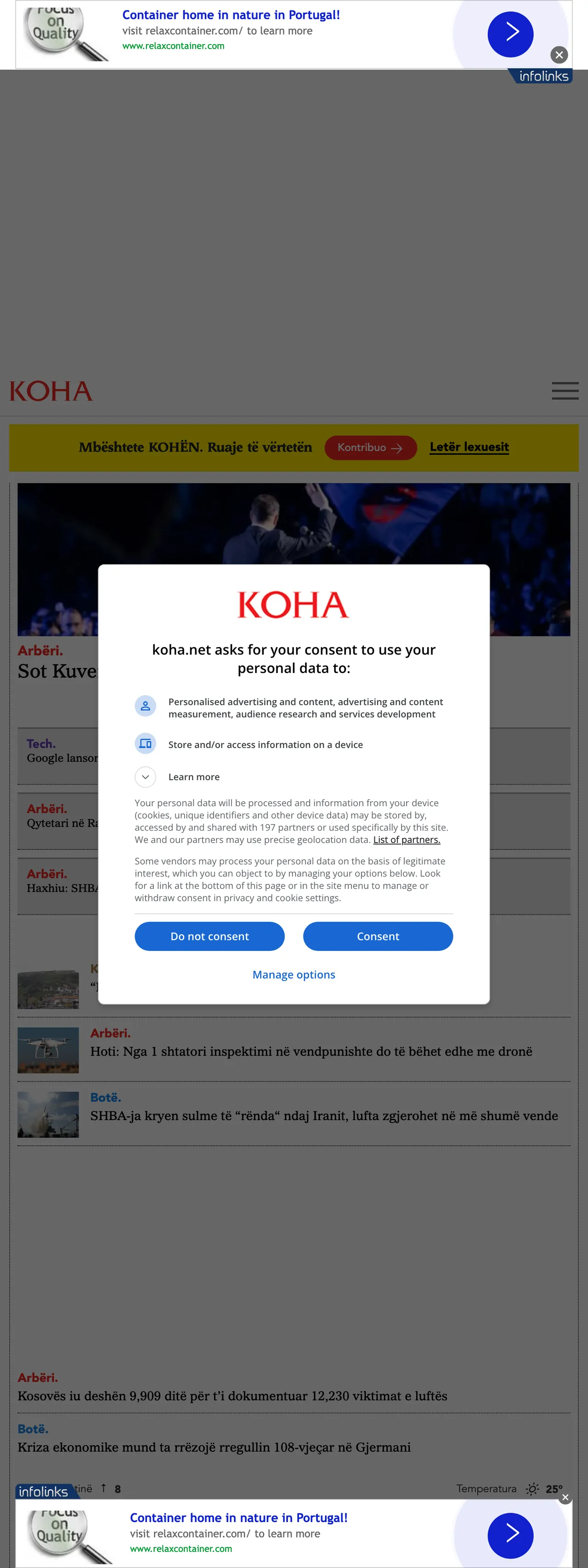 Screenshot of the Koha Ditore front page
