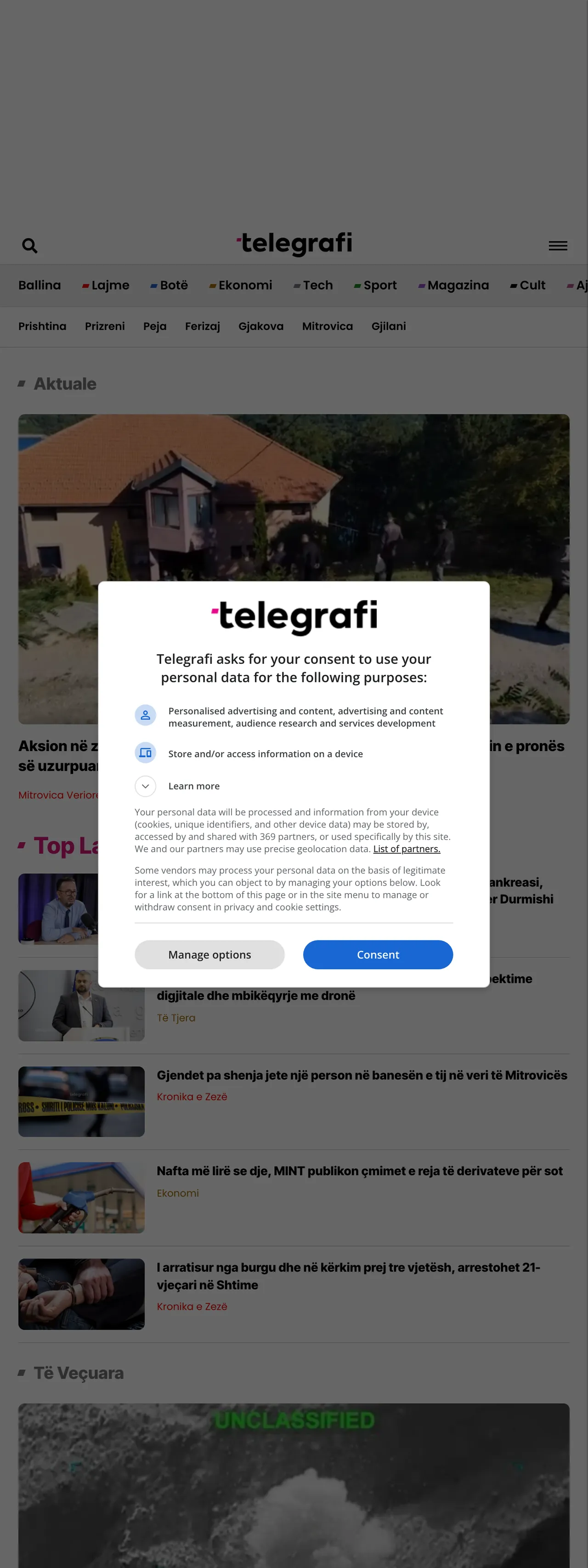 Screenshot of the Telegrafi front page