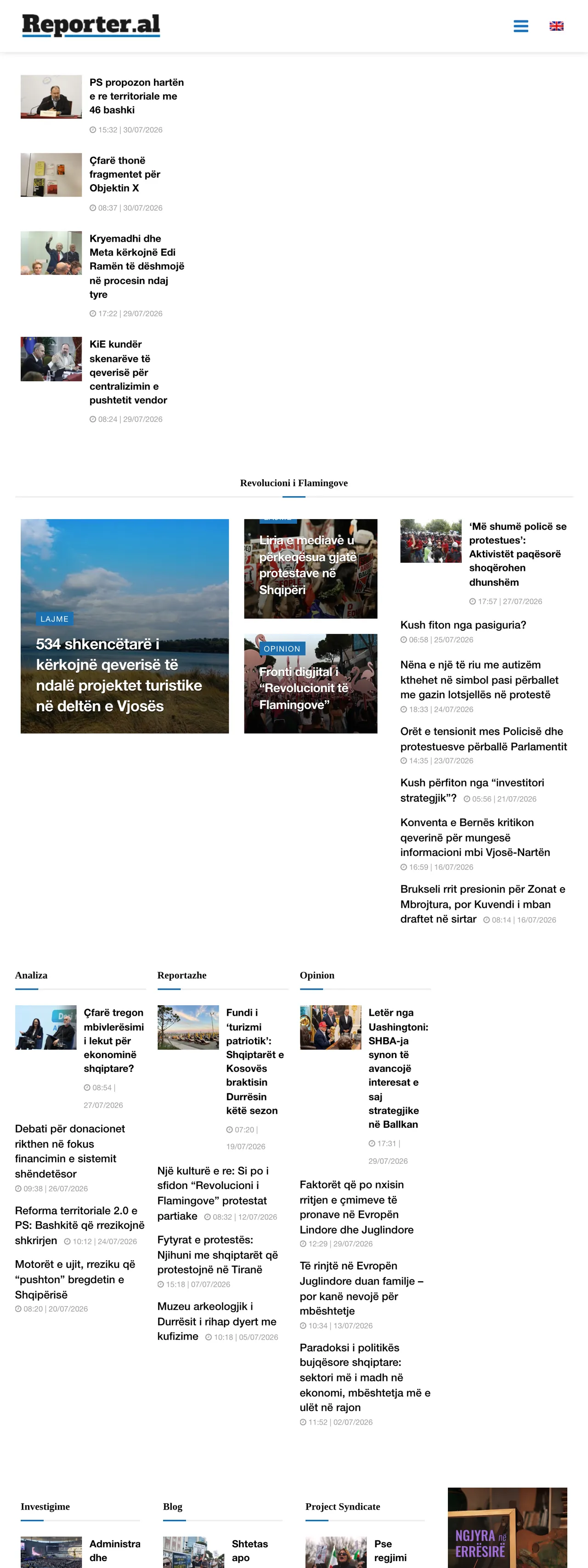 Screenshot of the Reporter.al front page