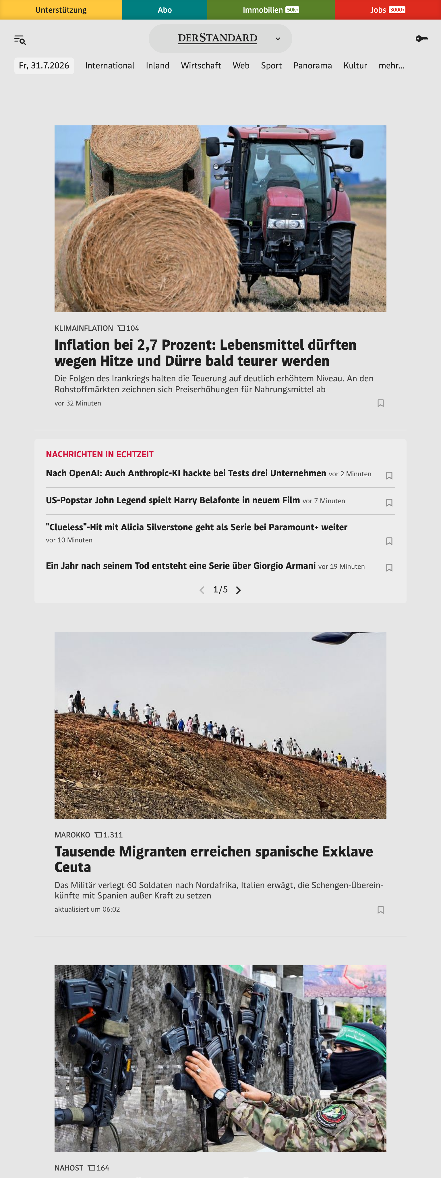 Screenshot of the DER STANDARD front page