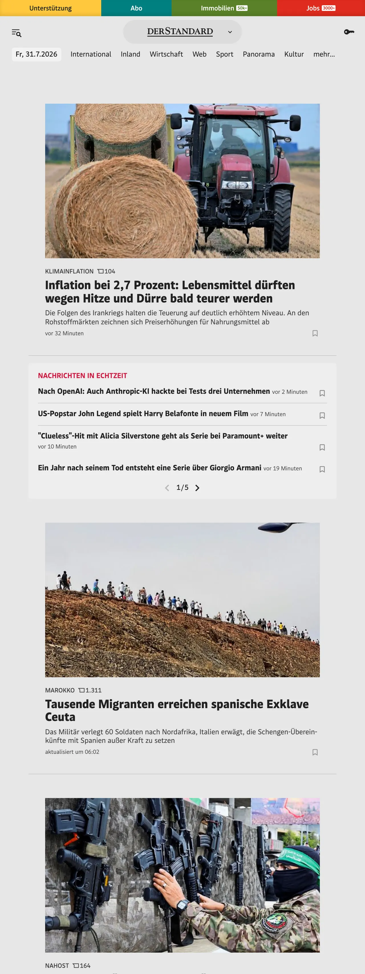 Screenshot of the DER STANDARD front page