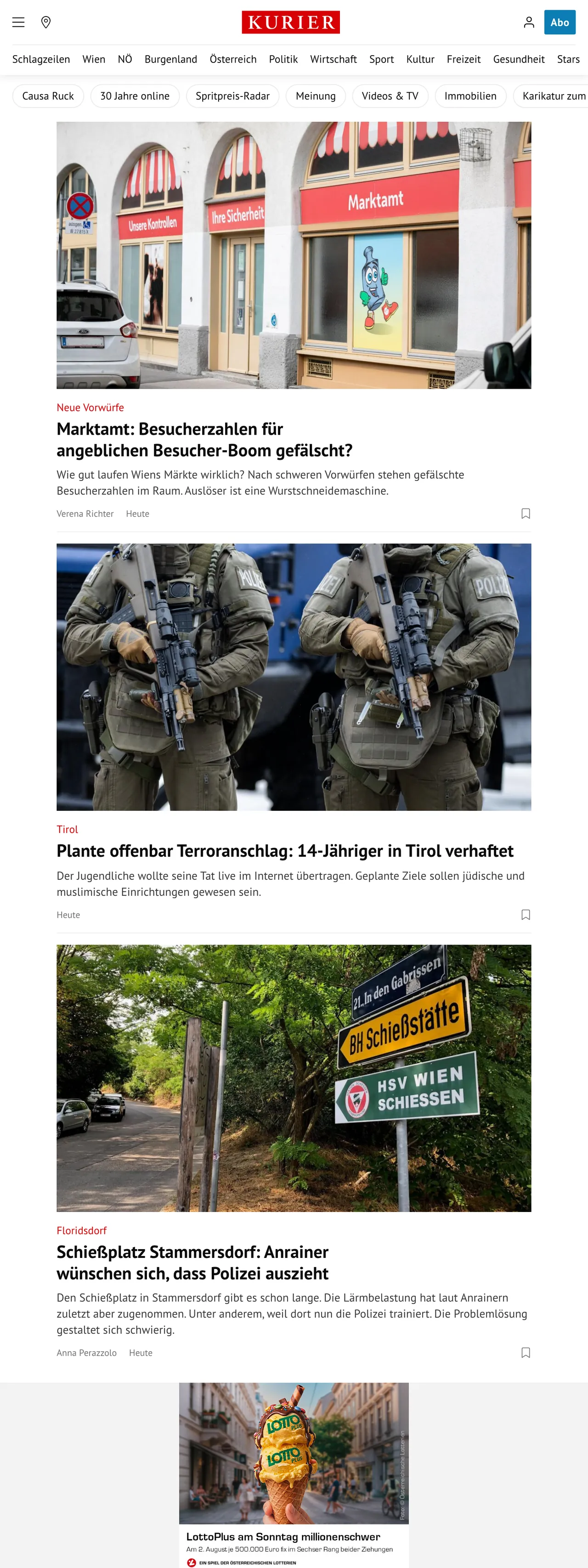 Screenshot of the Kurier front page