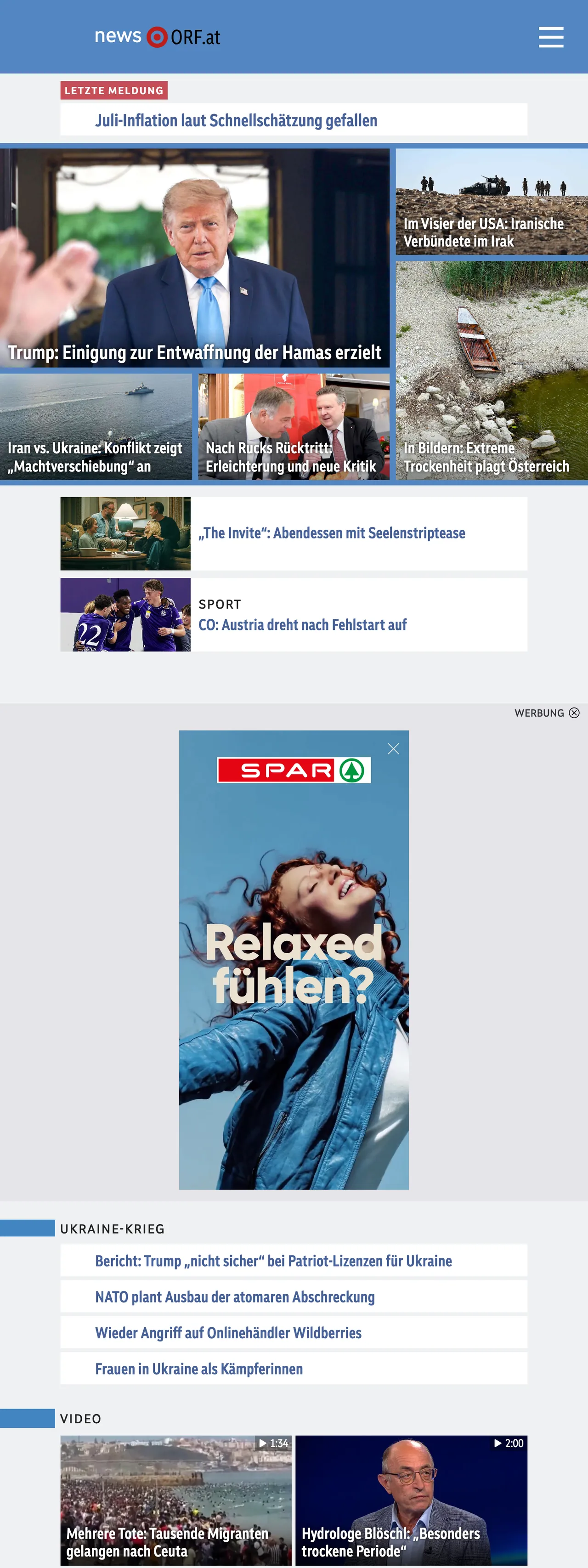 Screenshot of the ORF front page