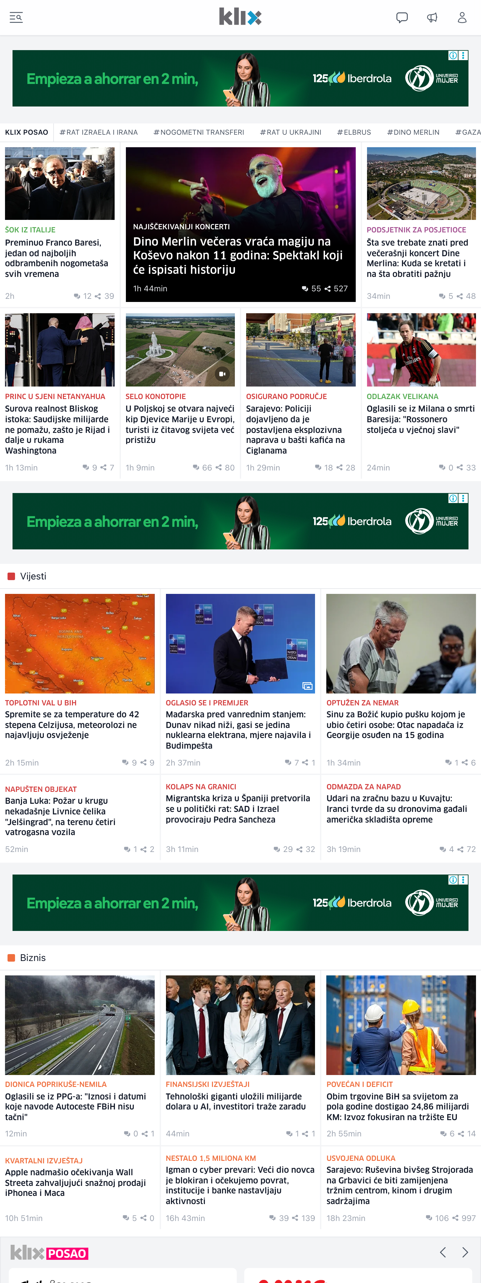 Screenshot of the Klix.ba front page