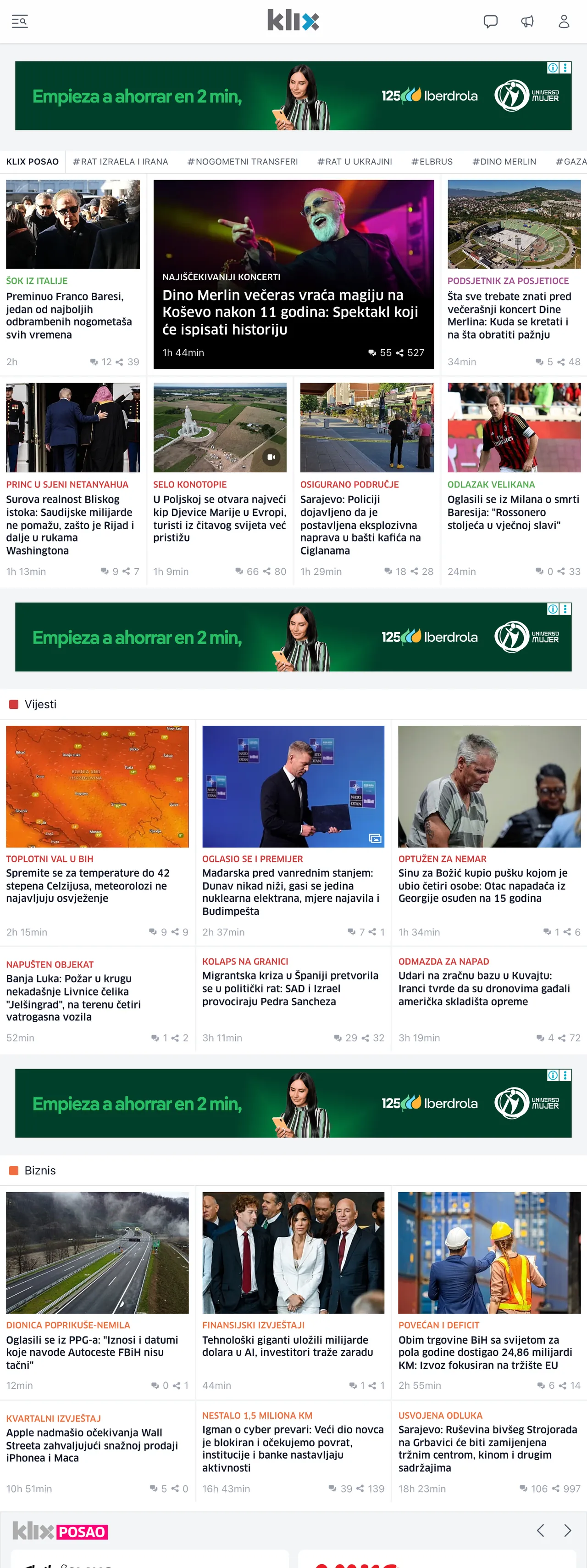Screenshot of the Klix.ba front page