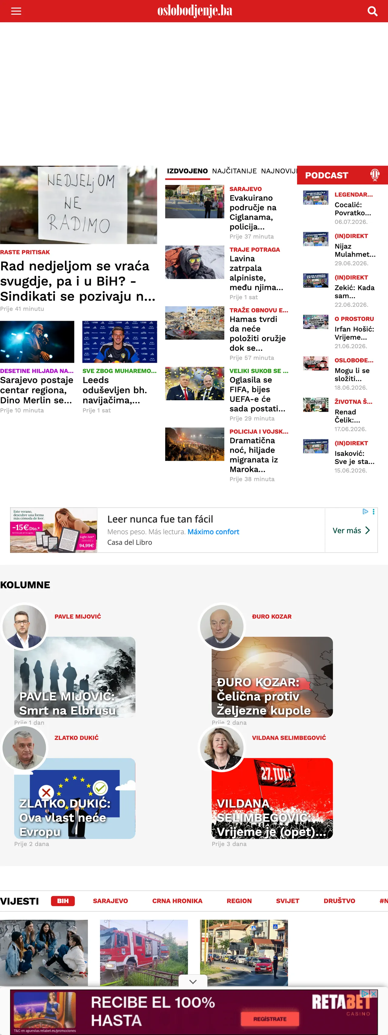 Screenshot of the Oslobođenje front page