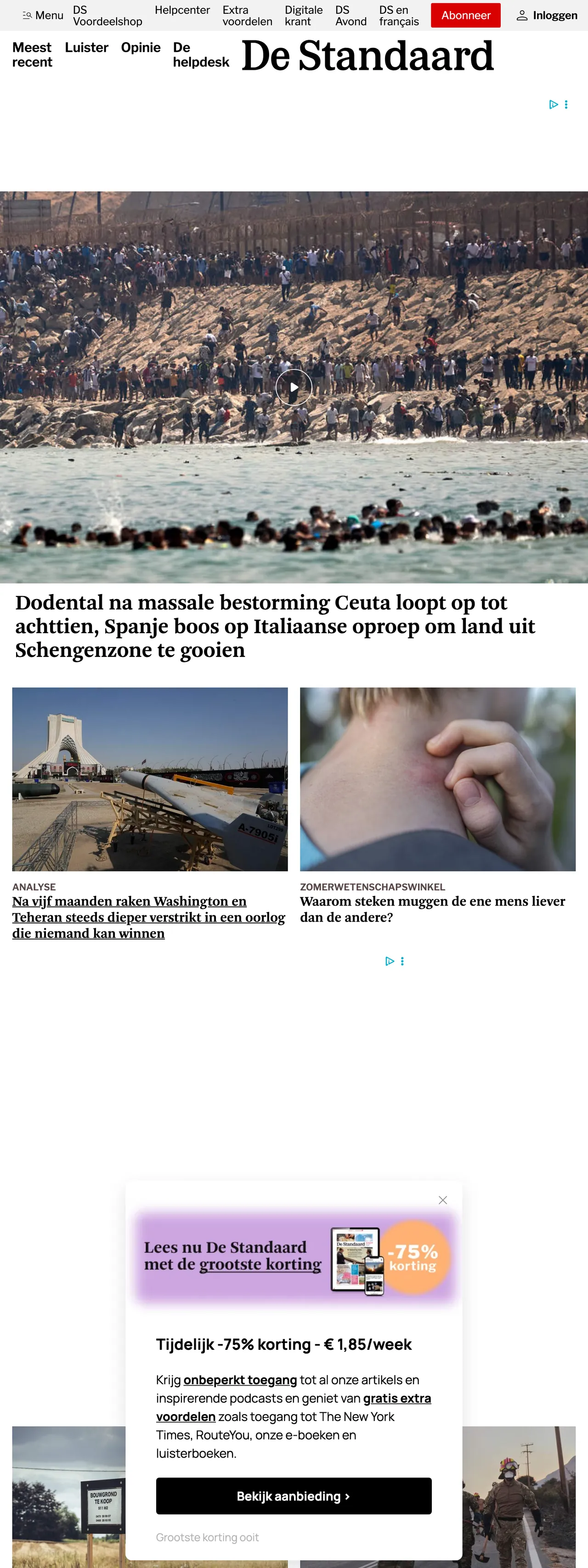 Screenshot of the De Standaard front page