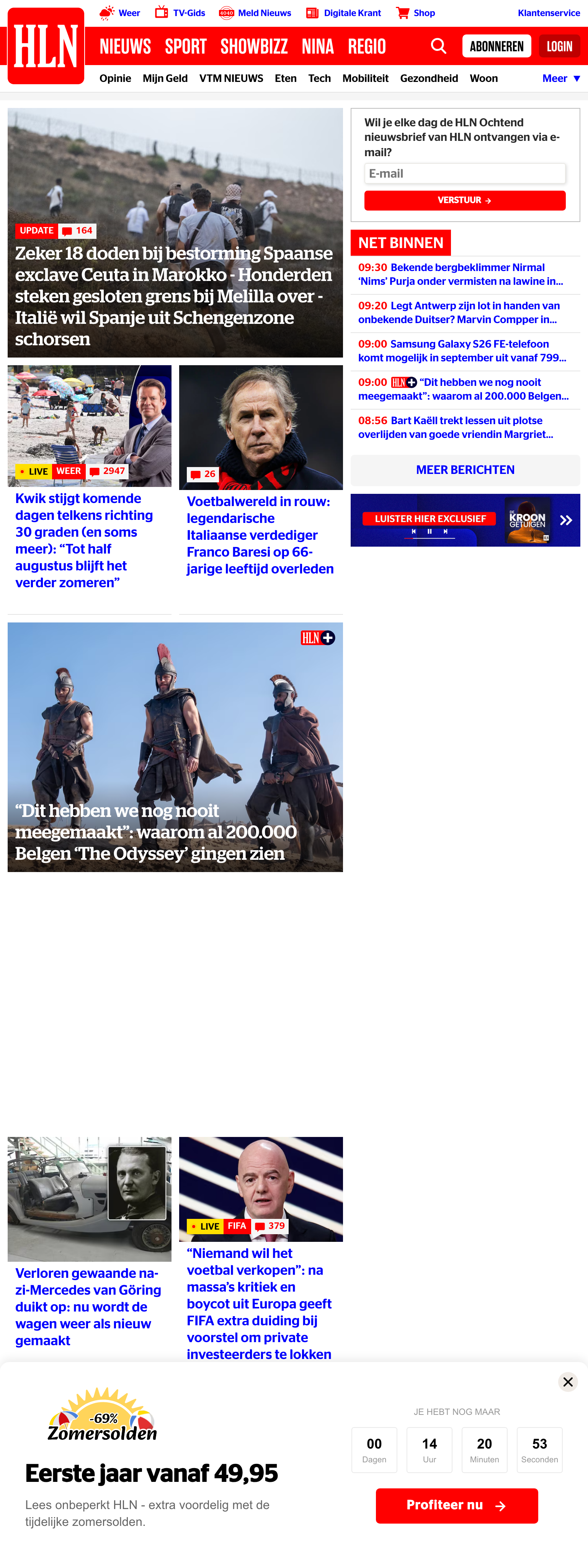 Screenshot of the HLN front page