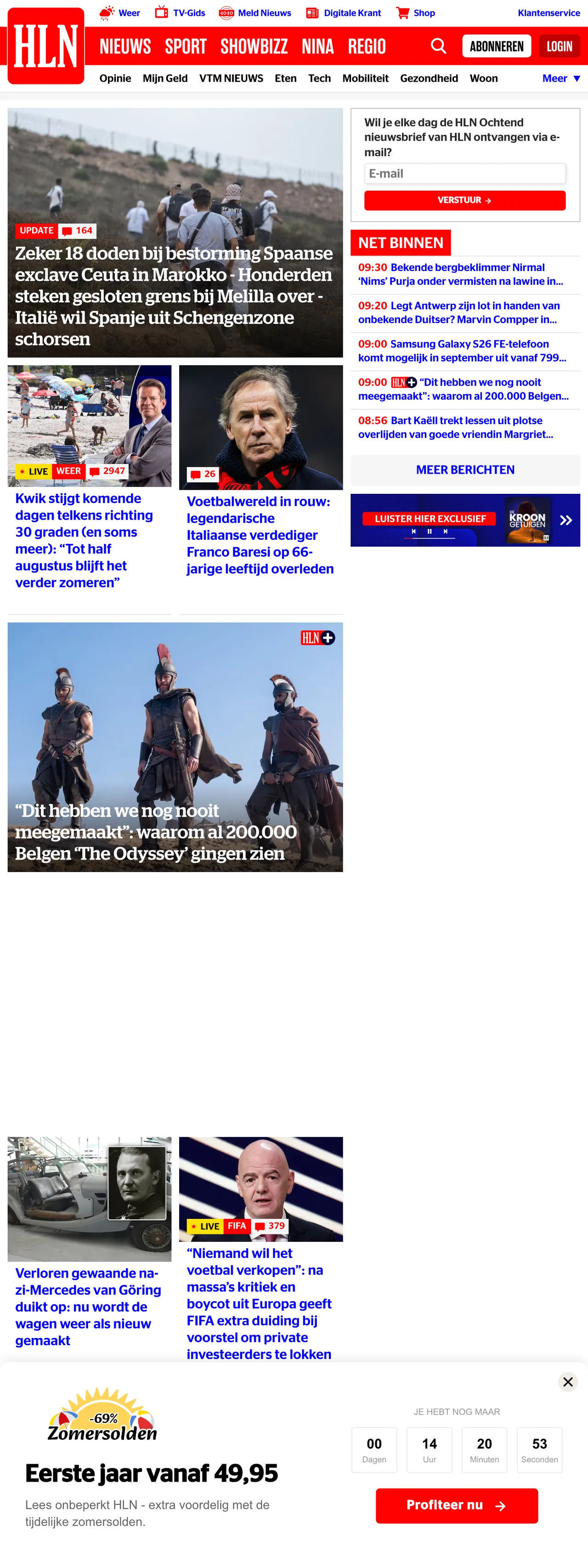 Screenshot of the HLN front page