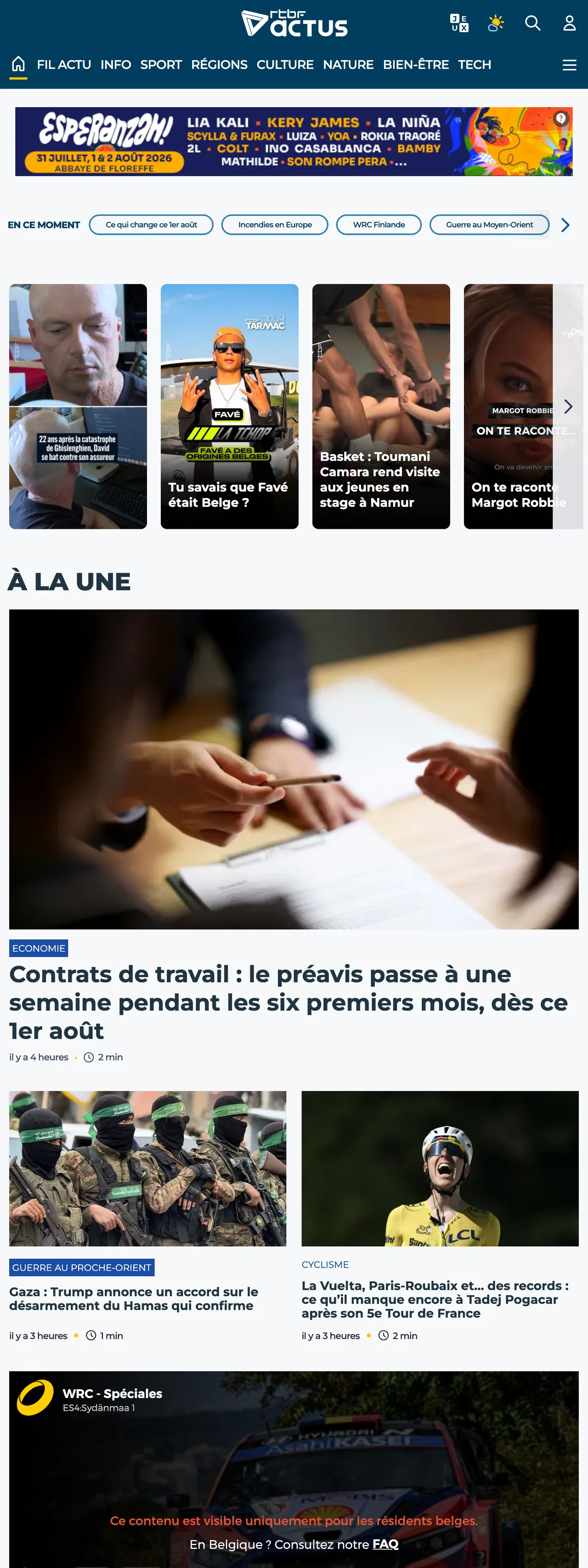 Screenshot of the RTBF front page
