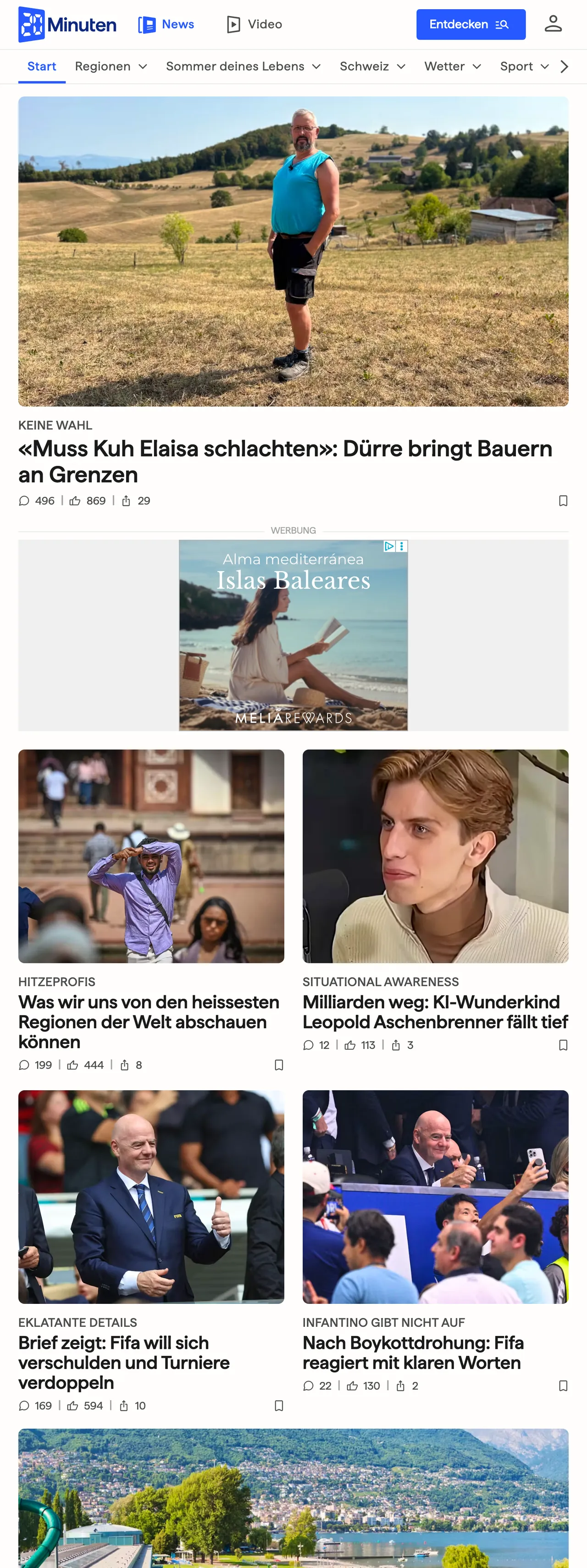 Screenshot of the 20 Minuten front page