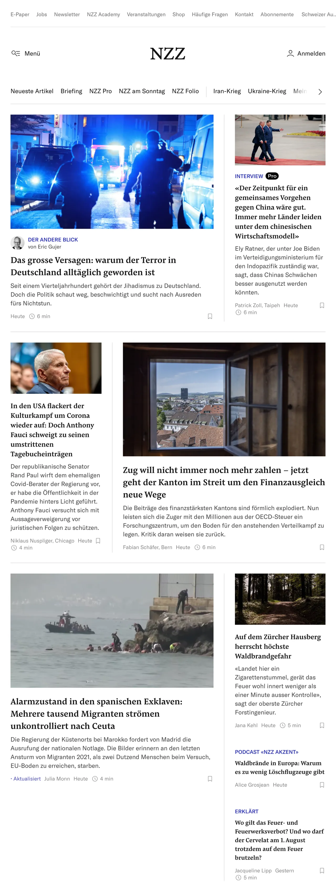 Screenshot of the Neue Zürcher Zeitung front page