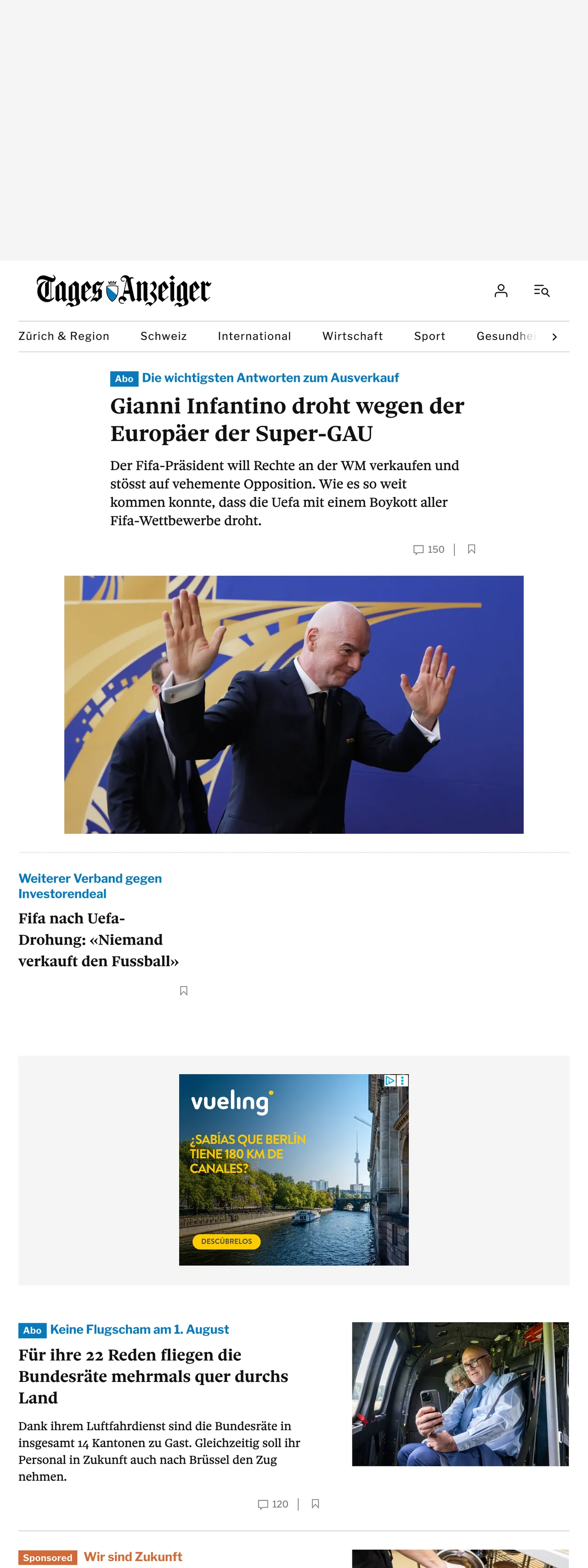 Screenshot of the Tages-Anzeiger front page