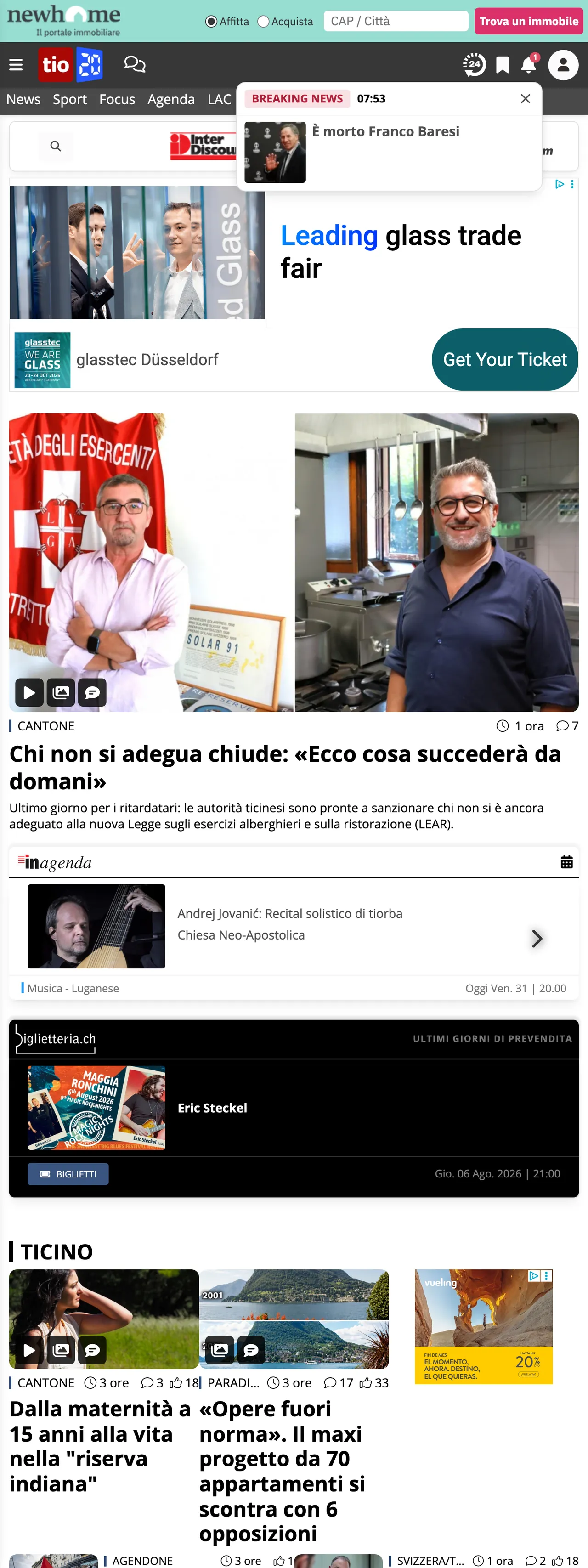 Screenshot of the Ticinonline front page