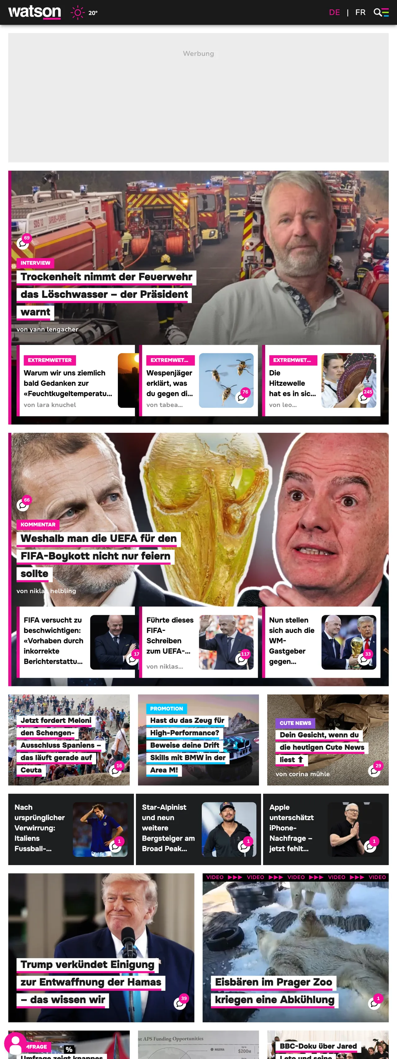 Screenshot of the watson front page